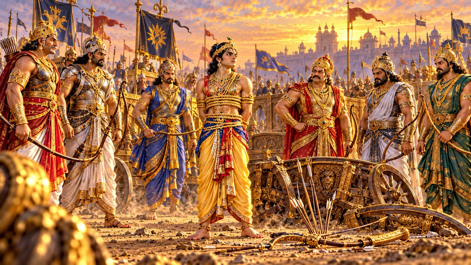 Young Samba standing bound and unbowed before six Kuru chariot-warriors led by Karna on the battlefield