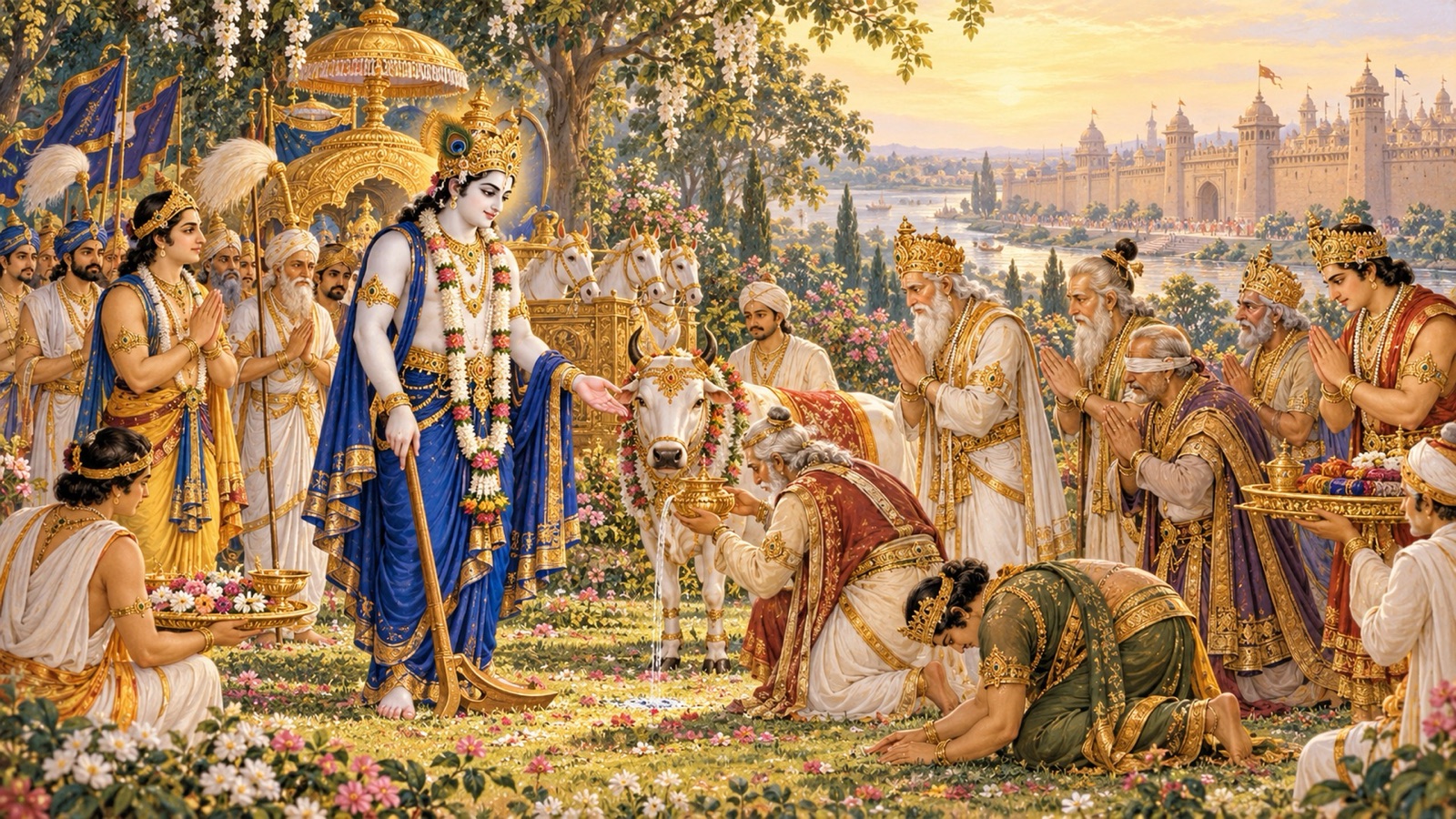 Bhishma, Drona, Dhritarashtra and Duryodhana offering a cow and arghya water to Balarama in a garden outside Hastinapura