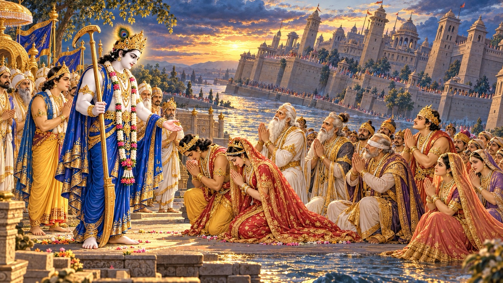 The Kurus with folded palms before Balarama, Samba and Lakshmana placed at their head, while Hastinapura tilts toward the Ganga behind them