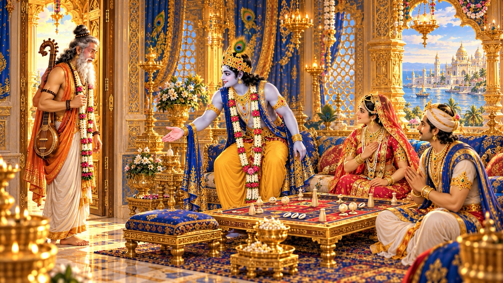 अपनी रानी और उद्धव के साथ चौसर खेलते श्रीकृष्ण, नवागत अतिथि की तरह देवर्षि नारद का स्वागत करने को रुकते हुए