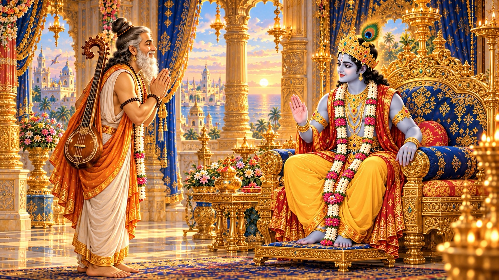 हाथ जोड़े भगवान श्रीकृष्ण से बोलते नारद, और उन्हें आश्वासन की कोमल मुद्रा से उत्तर देते प्रभु