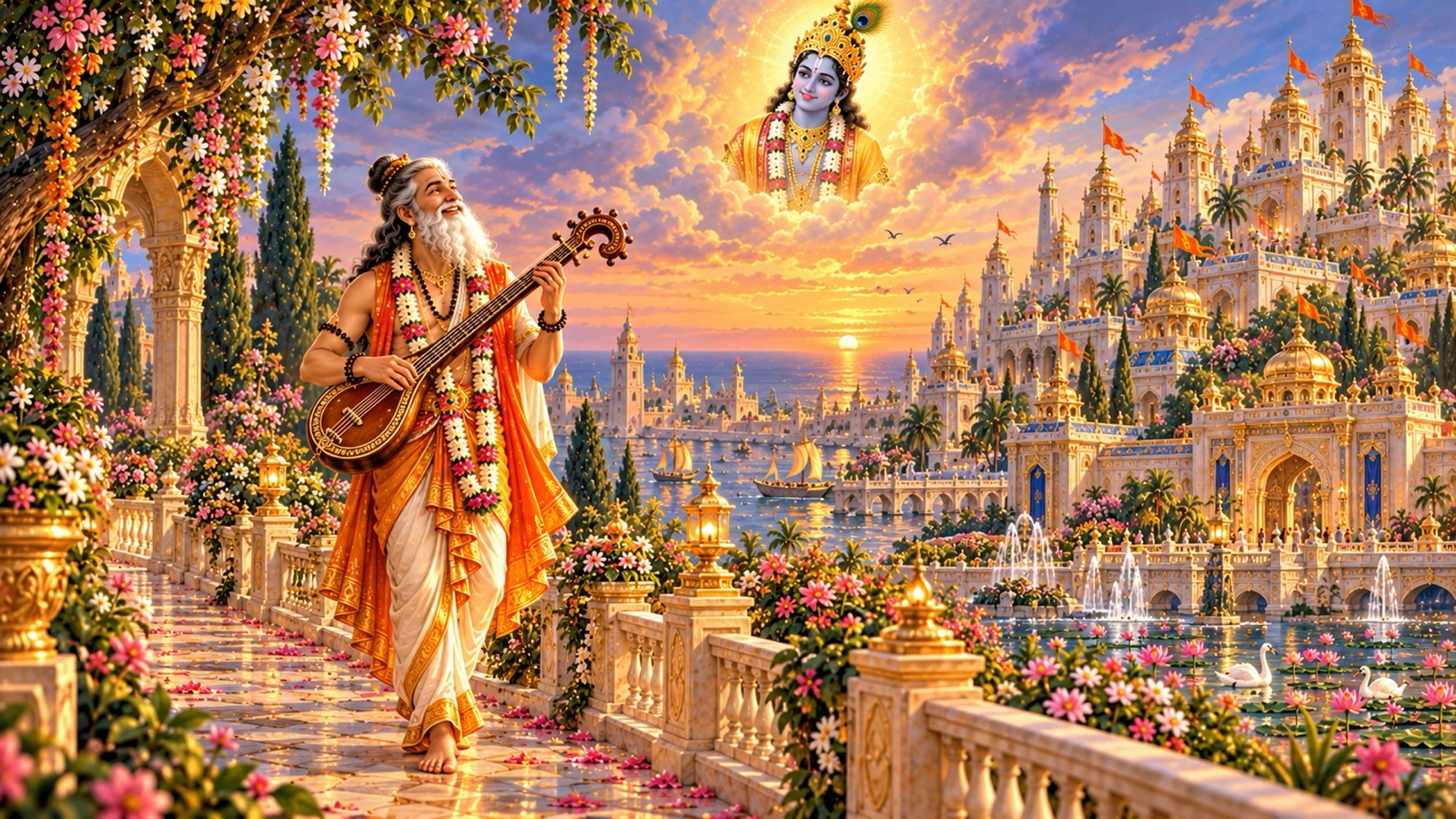 वीणा लिए द्वारका के महलों से विदा लेते गाते हुए देवर्षि नारद, मन भगवान श्रीकृष्ण में लगा हुआ