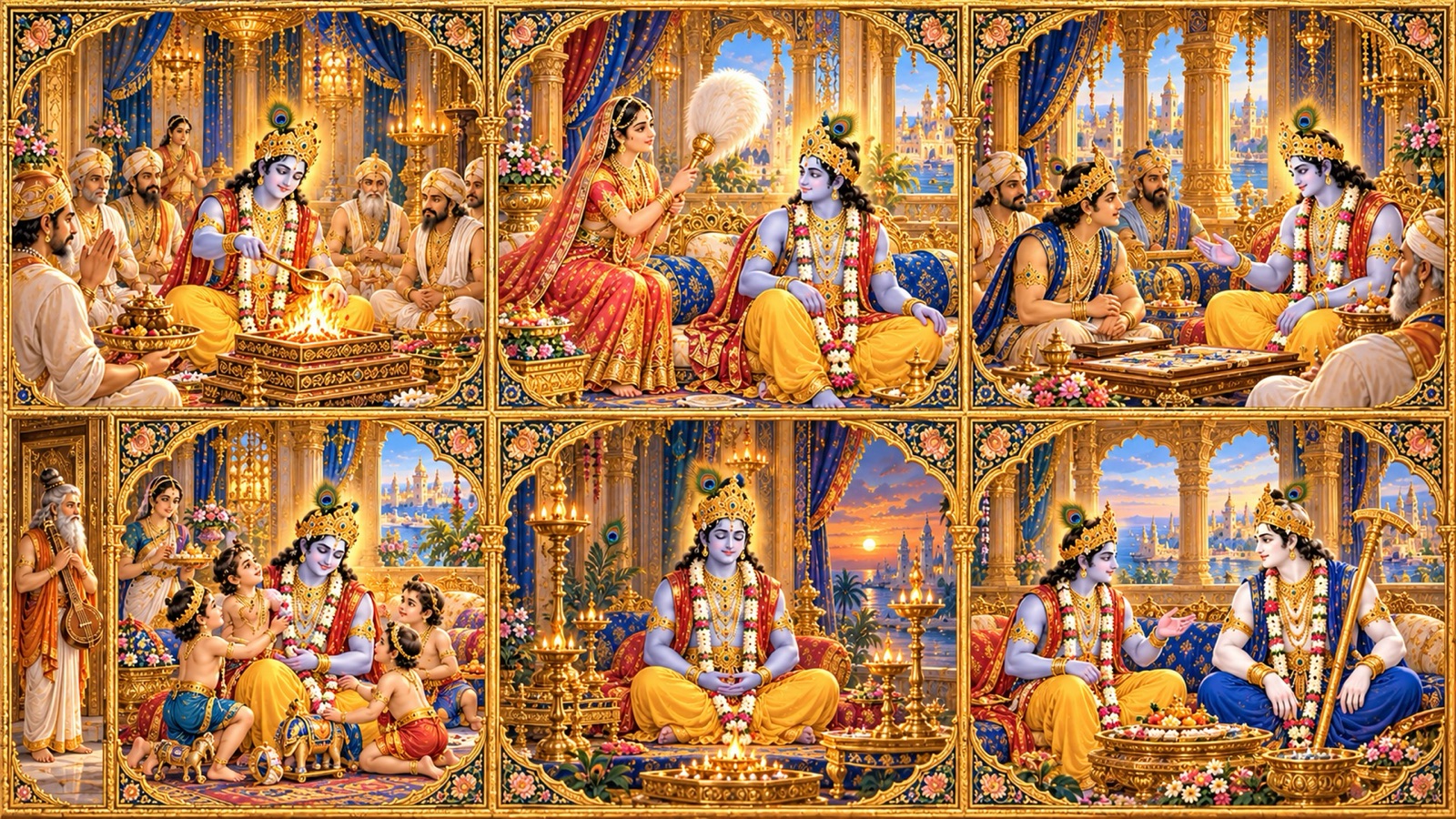 Several panels showing Krishna at once in different palaces: offering oblations, in council with Uddhava, playing with His children, in meditation and deliberating with Balarama