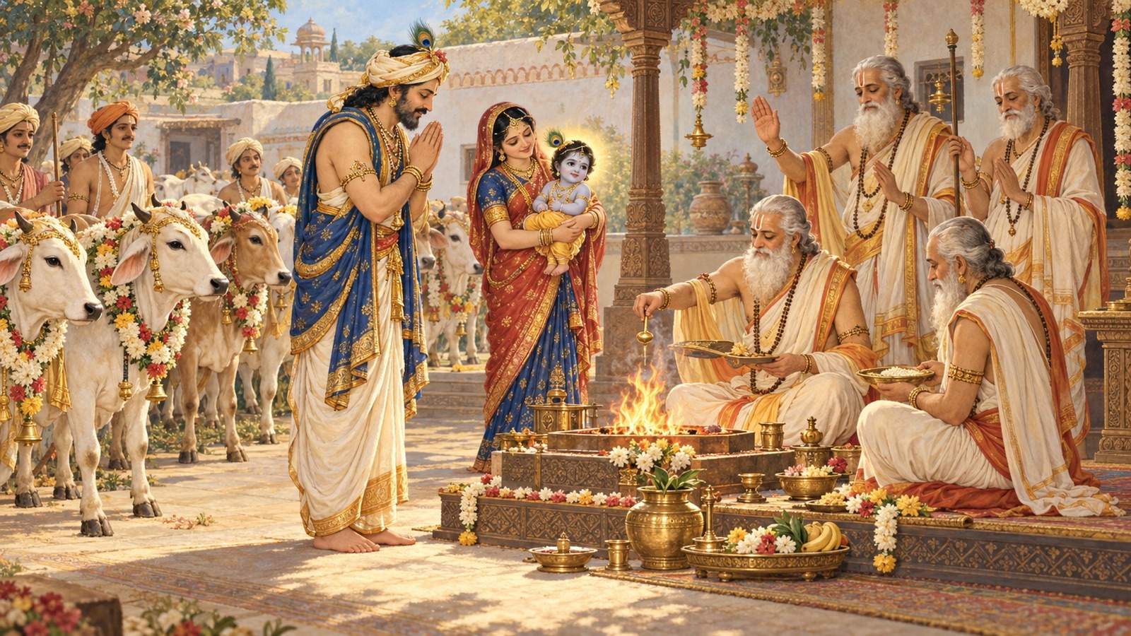 शिशु कृष्ण पर आशीर्वचन पढ़ते ब्राह्मणों को गौ-दान देते नन्द