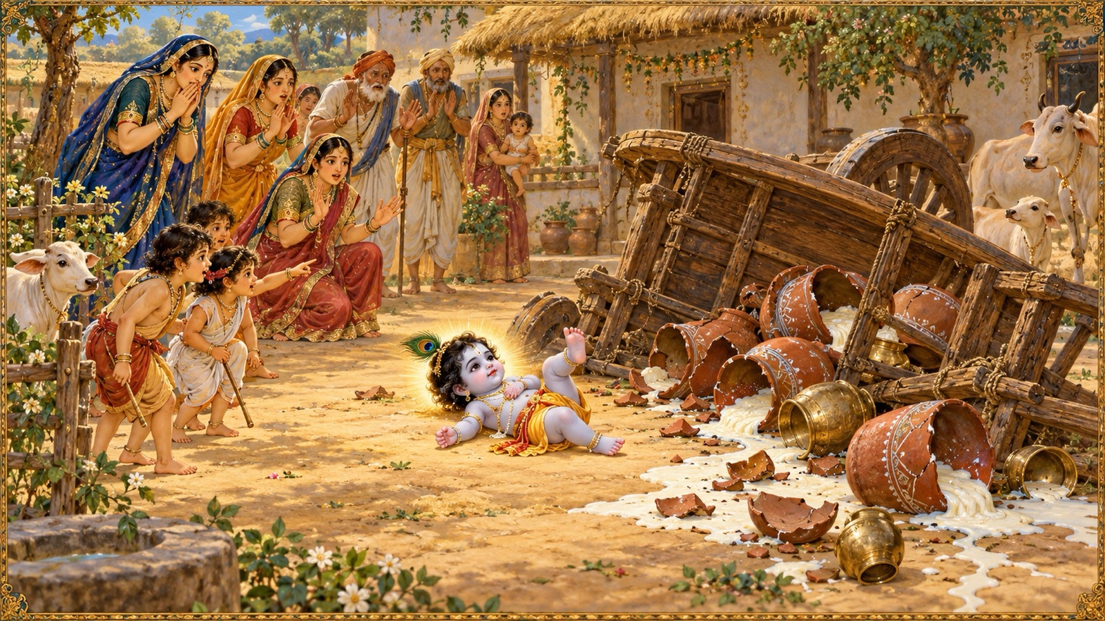 The heavy handcart overturned beside the infant Krishna as the astonished cowherds of Vraja look on