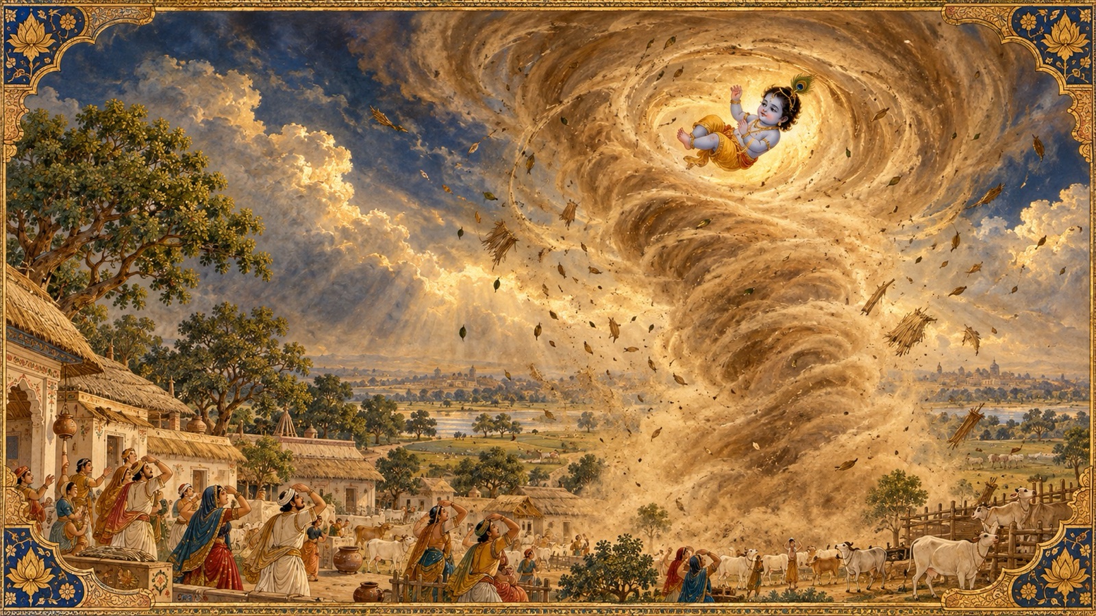 The demon Trinavarta as a great whirlwind sweeping the seated infant Krishna into a dust-darkened sky over Gokula