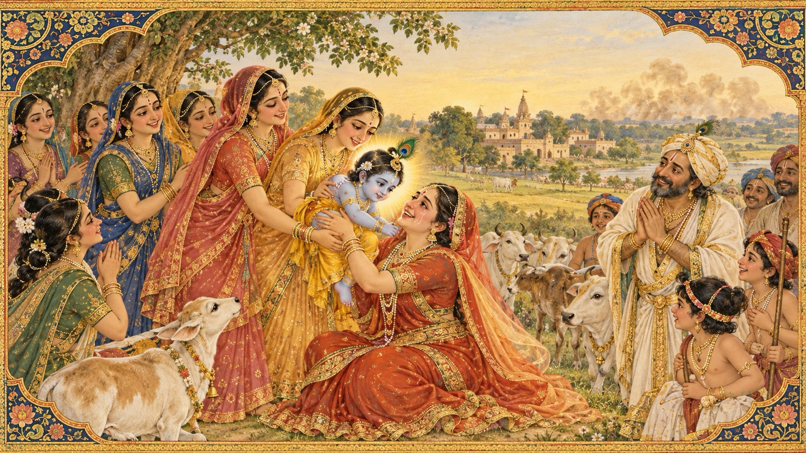 The cowherd women joyfully restoring the unharmed infant Krishna to His mother Yasoda