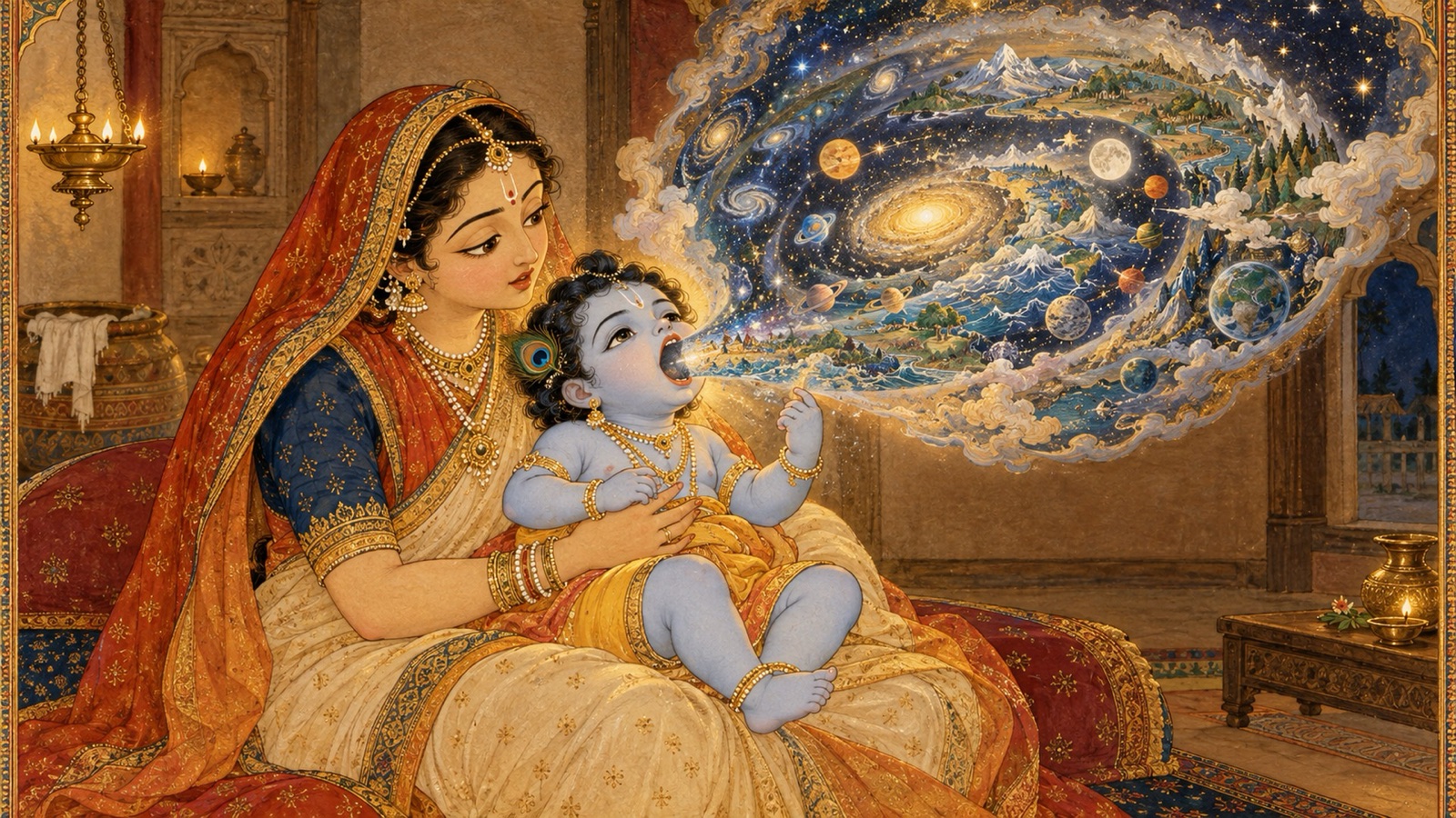 The mother Yasoda gazing in wonder into the mouth of the yawning infant Krishna where the whole universe is revealed