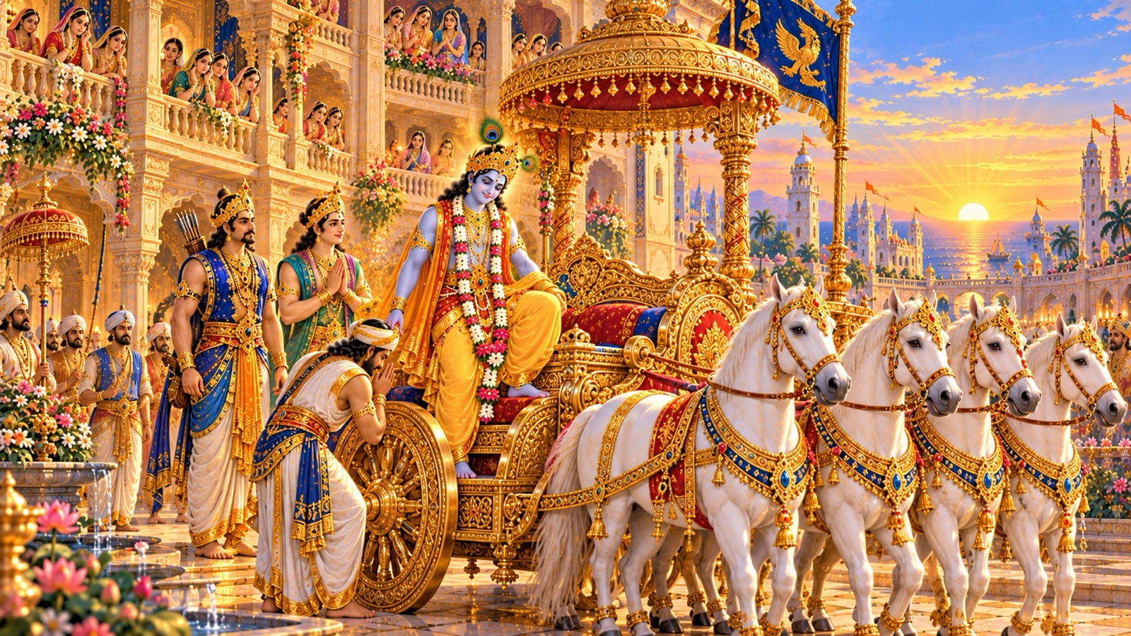 सुग्रीव आदि घोड़ों से जुते रत्नजटित रथ पर सारथि का हाथ थामे चढ़ते श्रीकृष्ण, साथ में सात्यकि और उद्धव, ऊपर से देखती अन्तःपुर की स्त्रियाँ