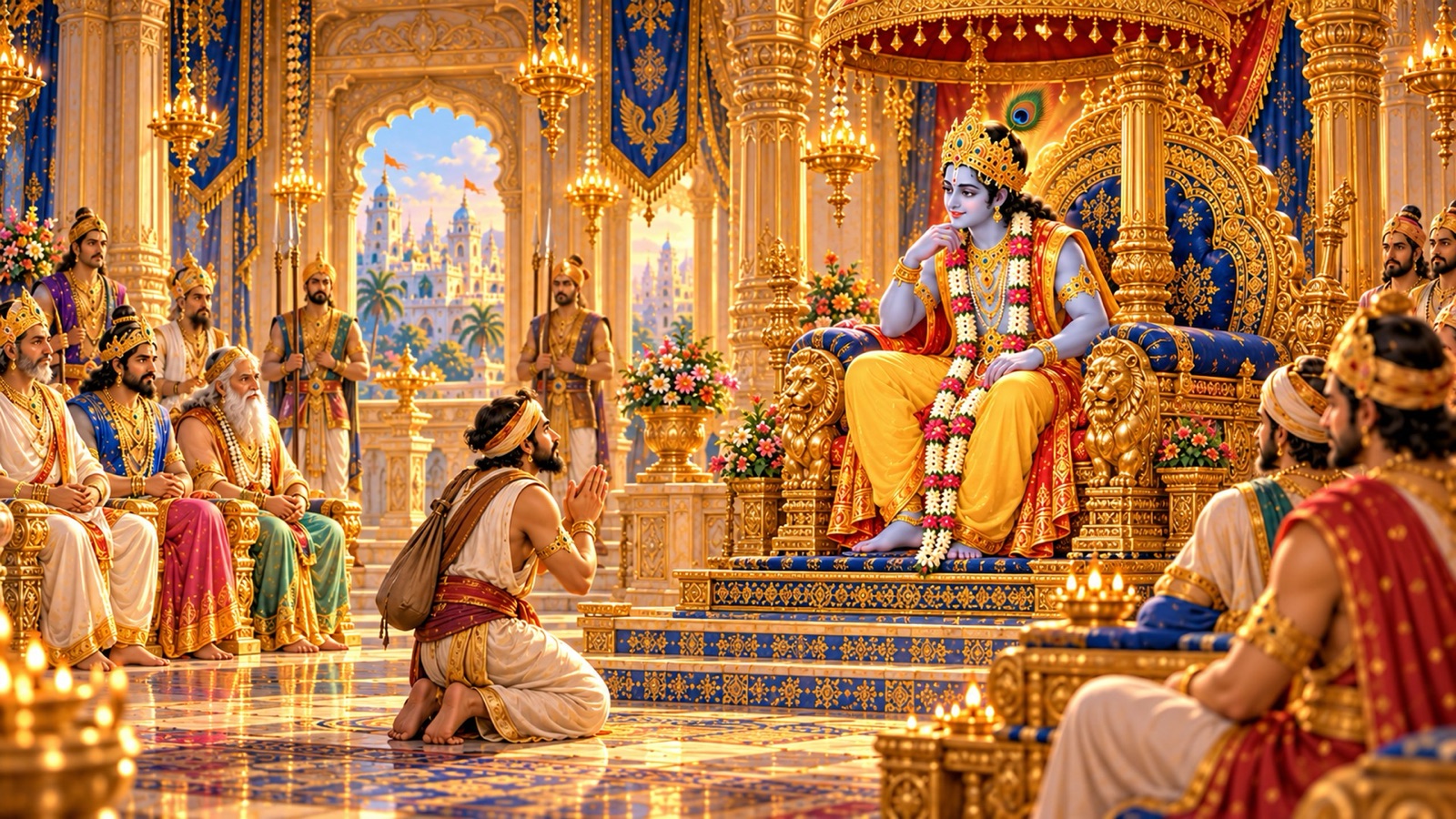 सुधर्मा सभा में श्रीकृष्ण के सम्मुख हाथ जोड़े घुटनों पर बैठा यात्रा से थका दूत, जरासन्ध के बन्दी राजाओं की प्रार्थना निवेदन करते हुए