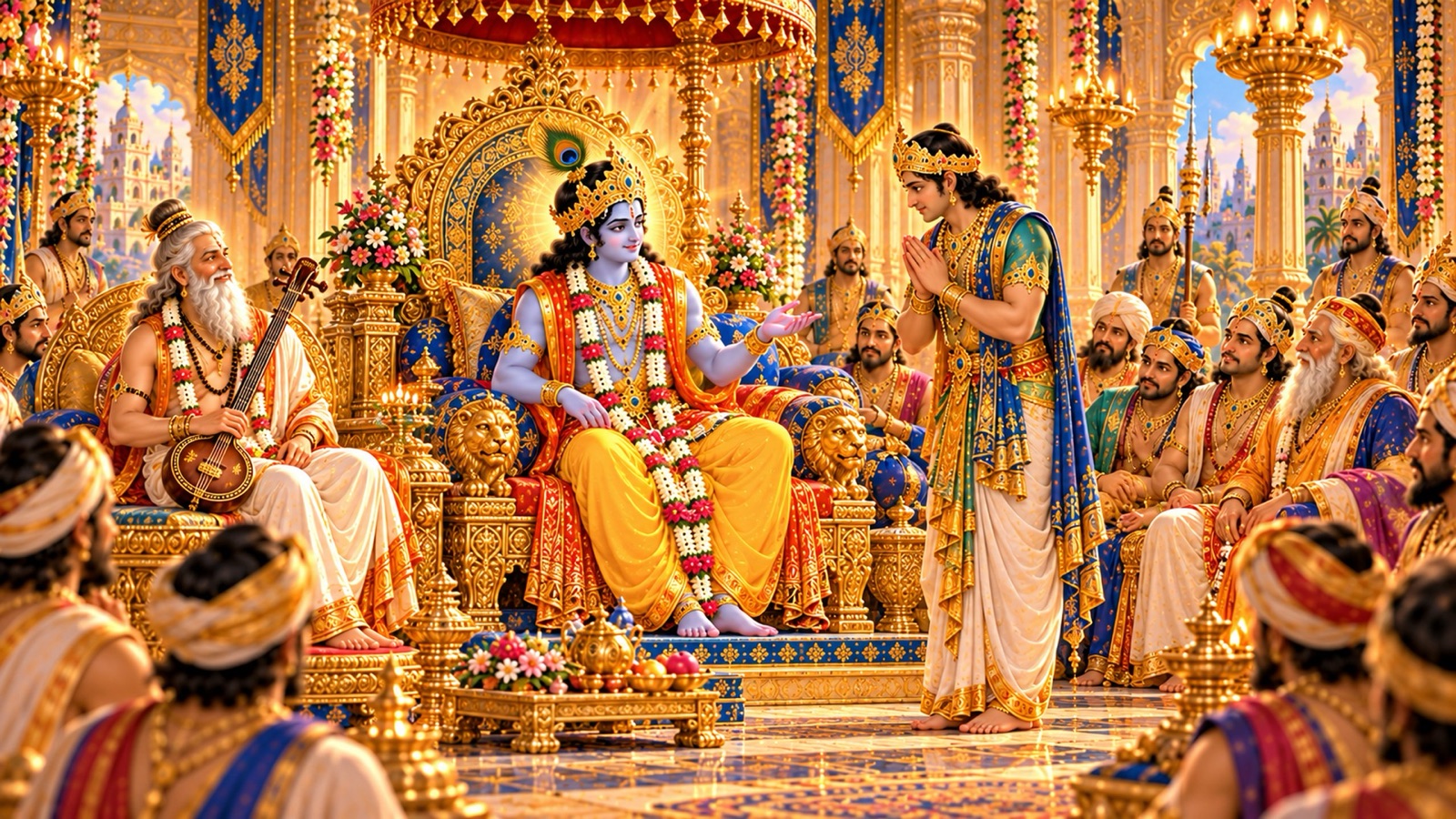 सुधर्मा सभा में मुस्कराते हुए उद्धव से मन्त्रणा माँगते श्रीकृष्ण, पास बैठे नारद और चारों ओर एकत्र यदुवंशी