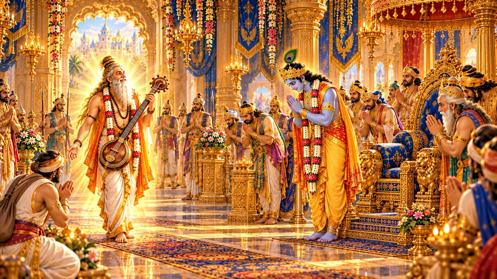 Narada Muni with golden matted locks and a vina arriving in the Sudharma hall as Krishna rises from His throne and bows His head to the sage