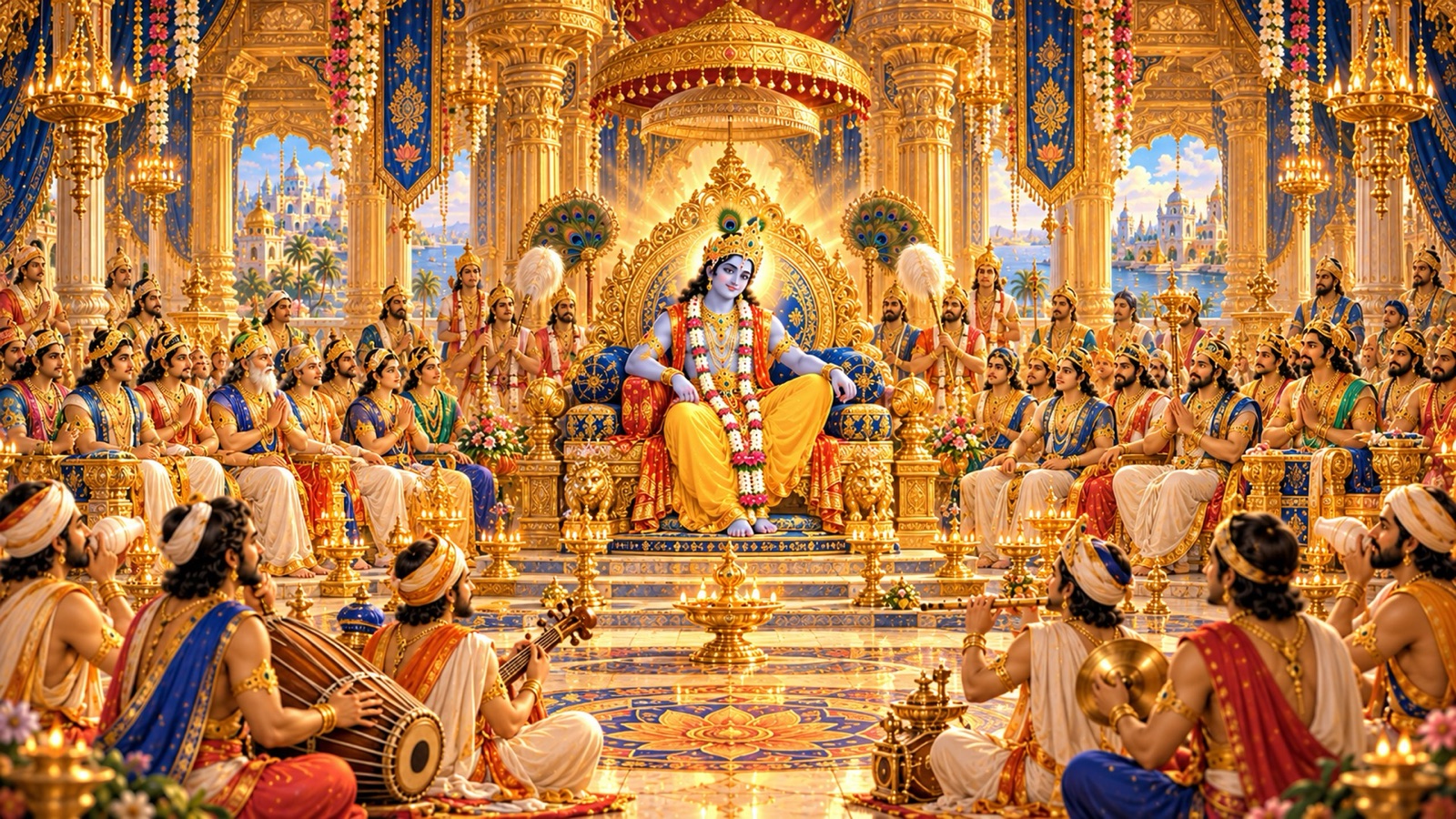 Krishna seated on His throne in the Sudharma assembly hall of Dvaraka, surrounded by the Yadu heroes while bards sing His praise