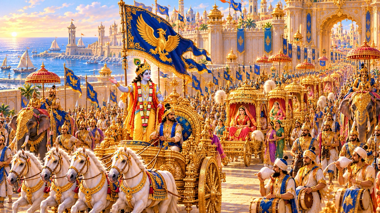 गरुड़ध्वज रथ पर श्रीकृष्ण, द्वारका से रथों, हाथियों, घुड़सवारों और रानियों की स्वर्ण-शिविकाओं का नेतृत्व करते हुए