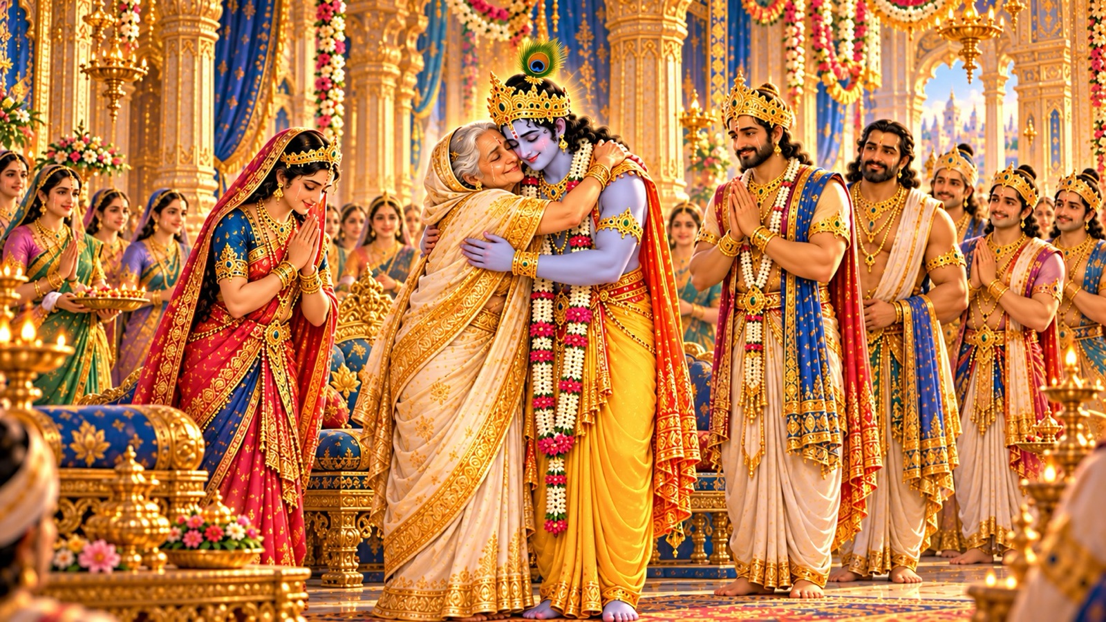 पाण्डवों के भवन में द्रौपदी के साथ आसन से उठकर श्रीकृष्ण को गले लगाती कुन्ती, पास खड़े अभिभूत युधिष्ठिर