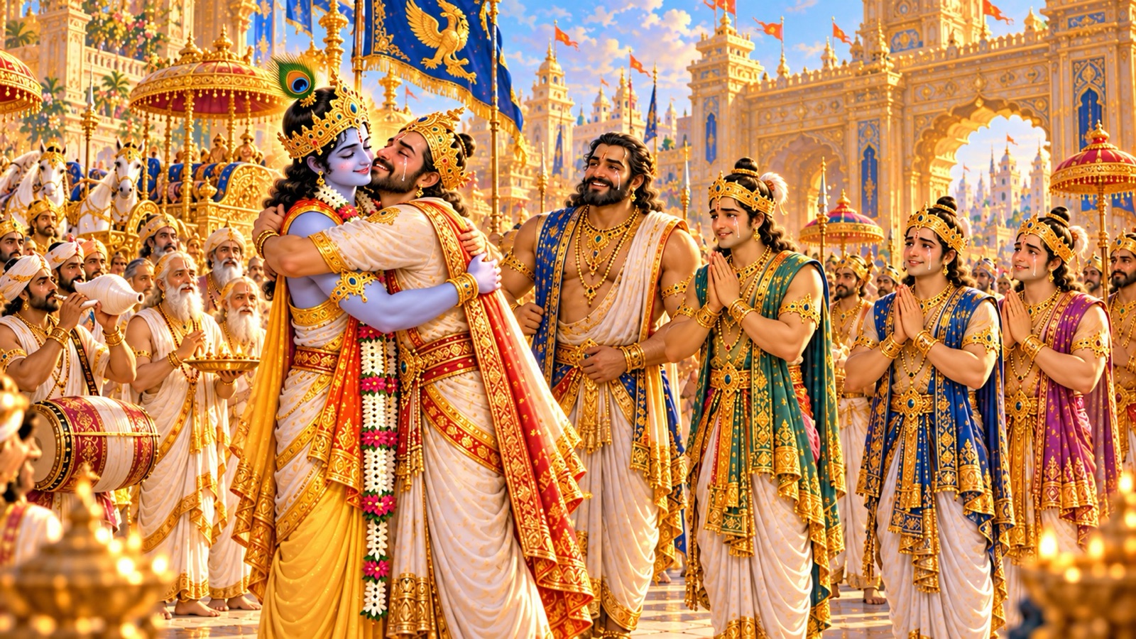 इन्द्रप्रस्थ के द्वार के बाहर श्रीकृष्ण को गले लगाते राजा युधिष्ठिर, जबकि भीम, अर्जुन, नकुल-सहदेव और पुरोहित आनन्दाश्रुओं से देख रहे हैं