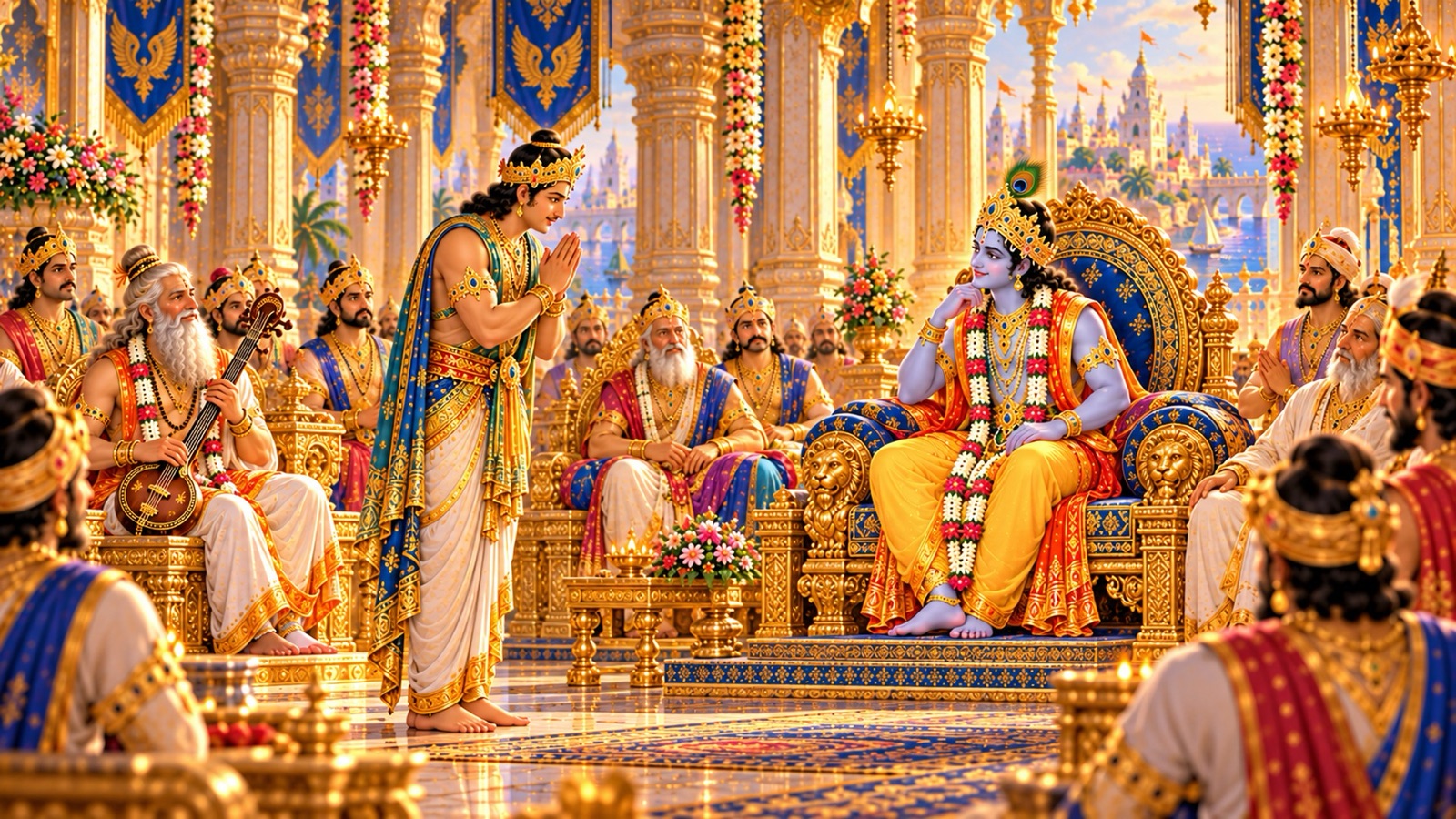 Uddhava standing with folded hands before Krishna in the Dwaraka assembly, with Narada and the Yadava elders listening