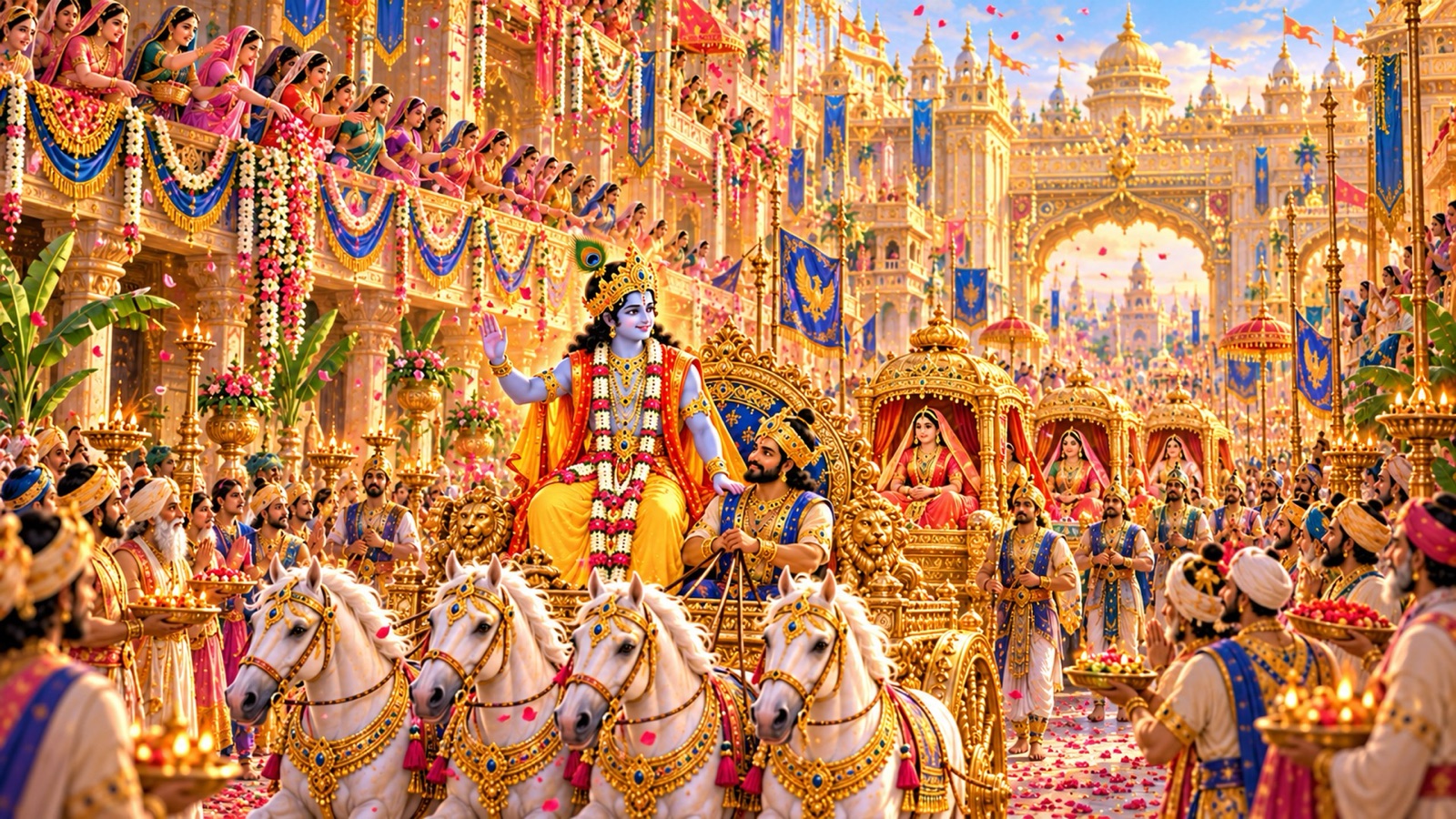 Women of Indraprastha on decorated rooftops showering flowers on Krishna and His queens passing along the festooned royal road