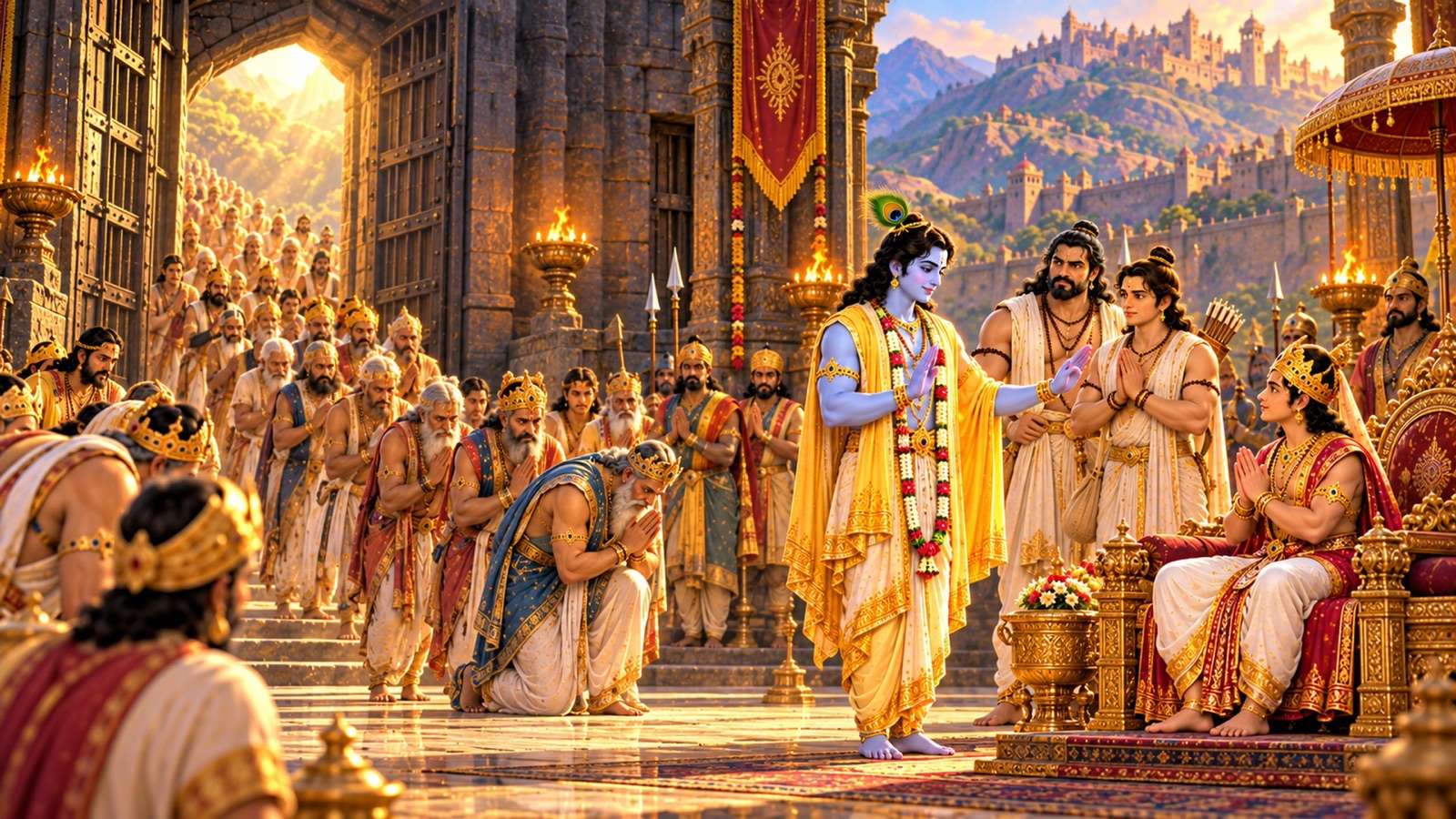 गिरिव्रज के पर्वत-कारागार से बाहर निकलकर कृष्ण के सामने झुकते बन्दी राजा, पास ही सिंहासन पर युवा सहदेव