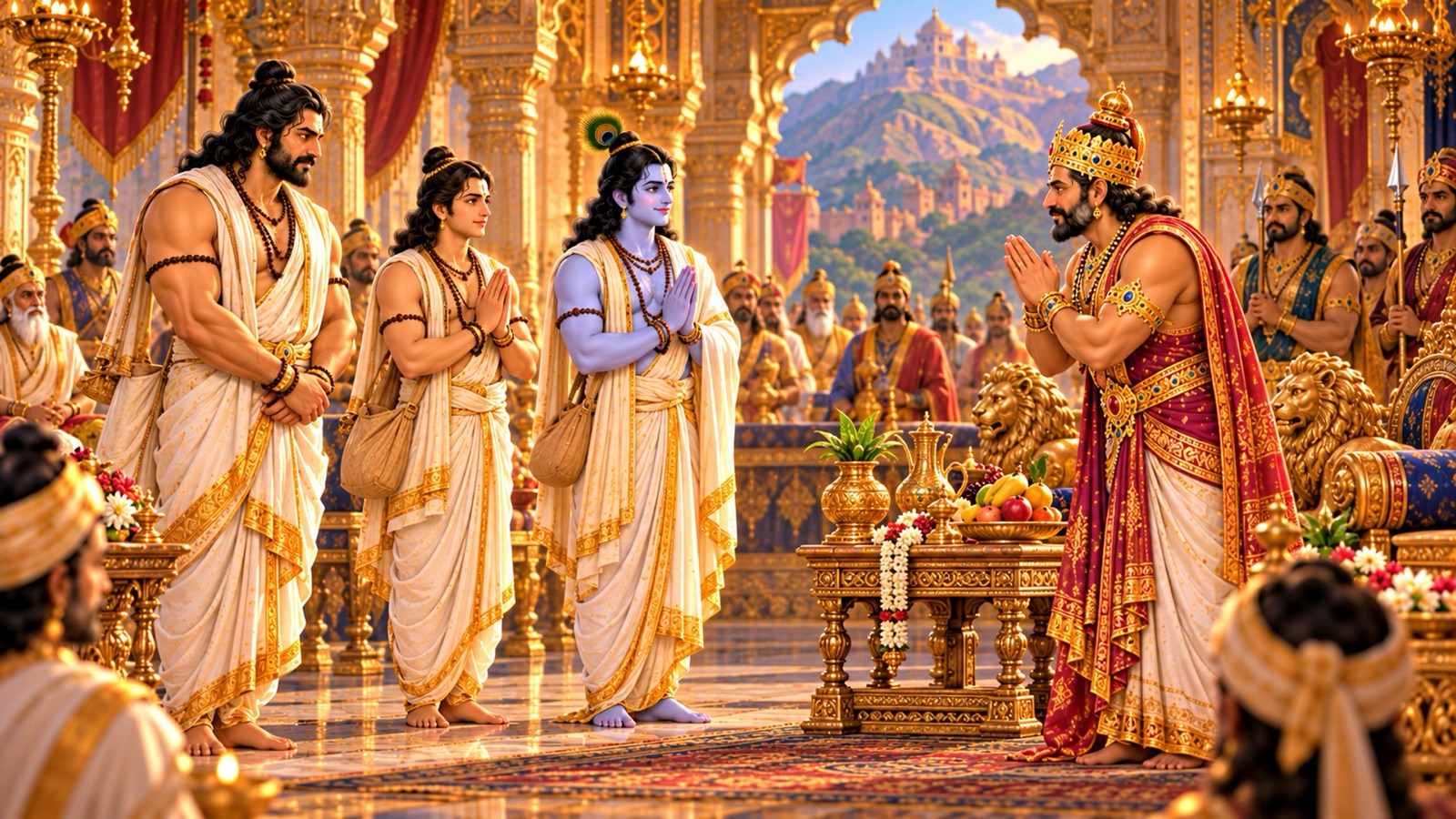 Krishna, Bhima and Arjuna in simple brahmana garb standing before King Jarasandha, who receives them with folded hands at his palace