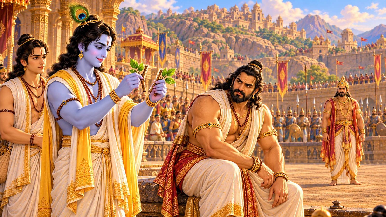Krishna at the edge of the arena splitting a small twig in two as a sign to the weary Bhima
