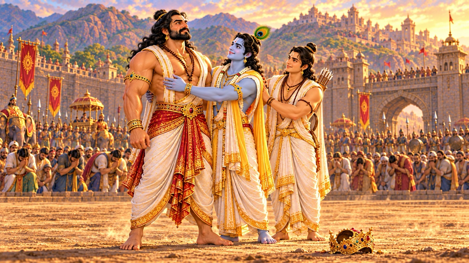 Bhima standing victorious in the arena beside Jarasandha's fallen crown as Krishna and Arjuna come forward to embrace him