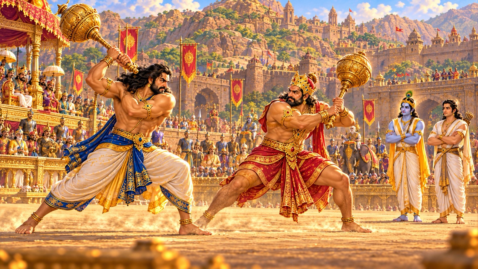 Bhima and Jarasandha locked in their long mace duel outside Girivraja while Krishna and Arjuna watch from the edge of the arena