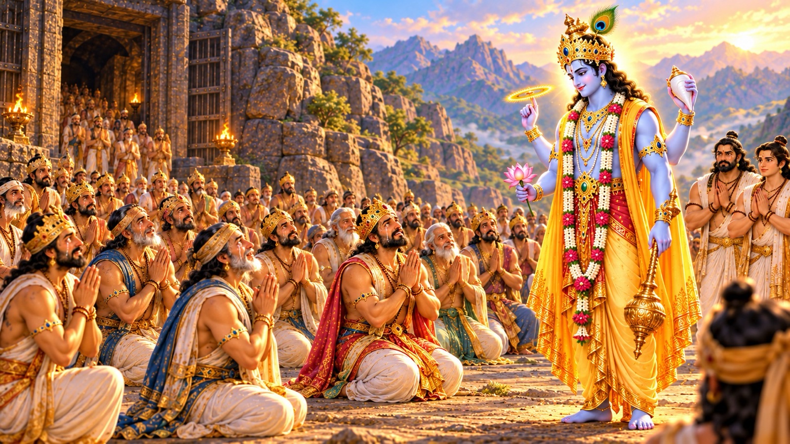 चतुर्भुज श्रीकृष्ण के समक्ष हाथ जोड़े घुटनों के बल बैठे मुक्त राजा, शरणागति की प्रार्थना करते हुए