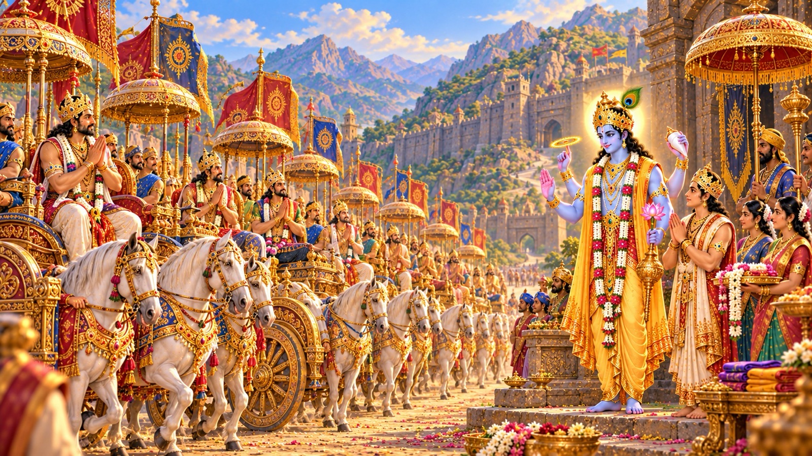 स्नान और शृंगार के बाद गिरिव्रज में रत्नजड़ित रथों पर चढ़ते राजा, श्रीकृष्ण उनकी विदाई को आशीर्वाद देते हुए