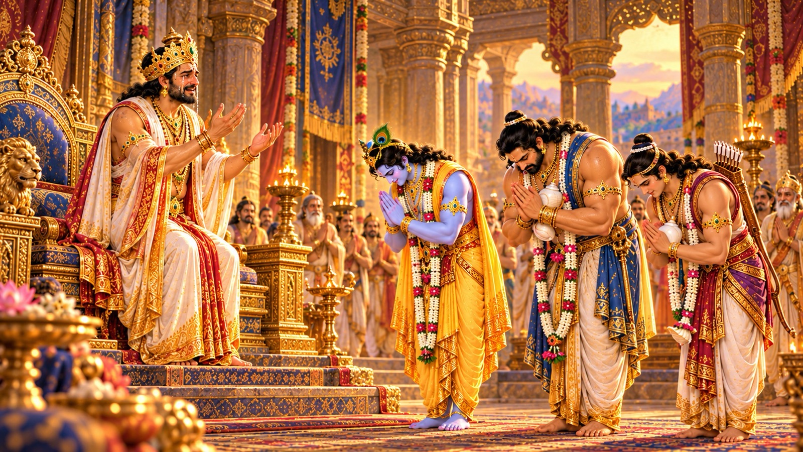 इन्द्रप्रस्थ में श्रीकृष्ण, भीम और अर्जुन के प्रणाम करने पर आनन्द के आँसू बहाते युधिष्ठिर