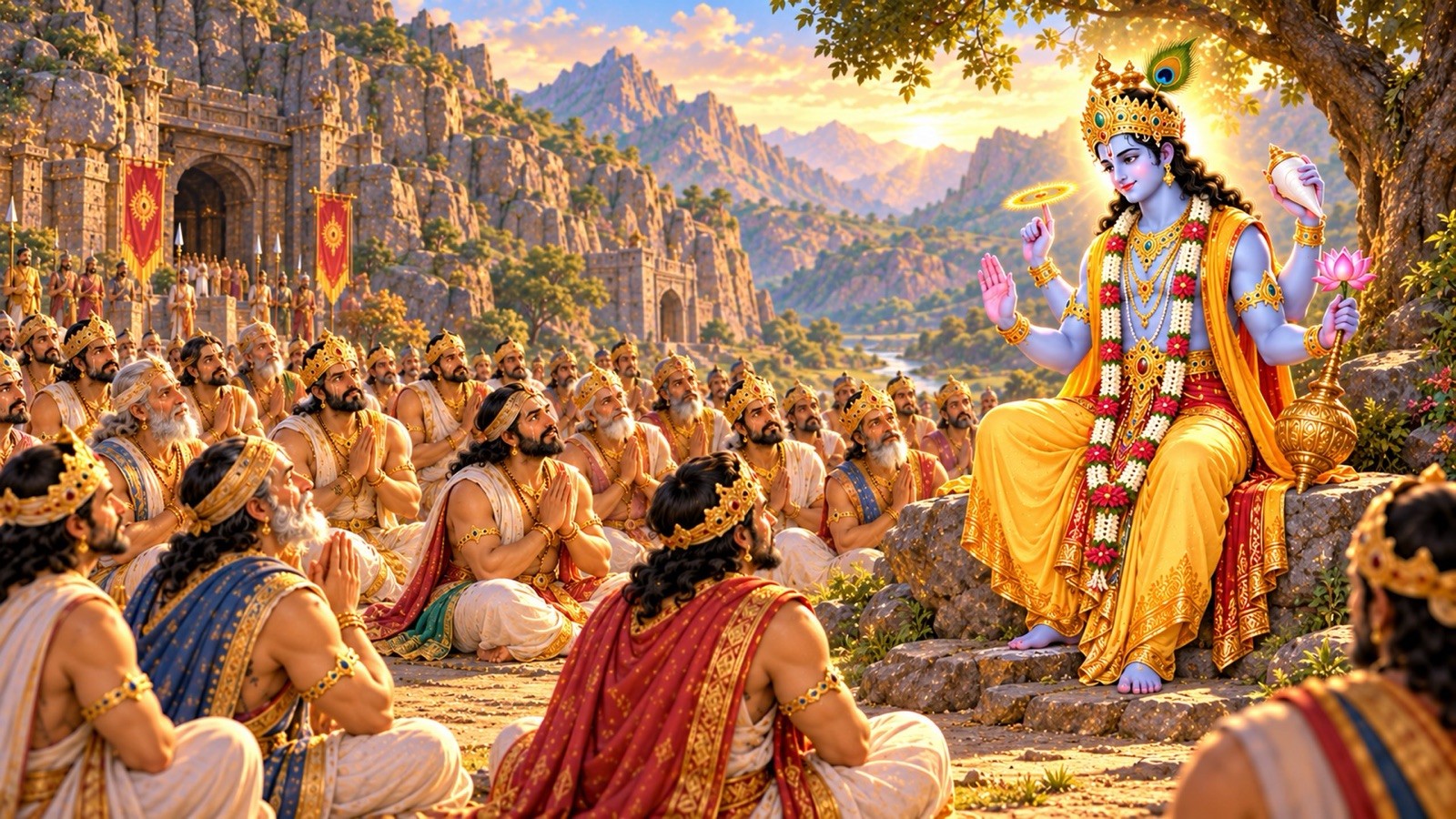 Krishna gently instructing the seated kings at Girivraja on devotion, detachment and righteous rule