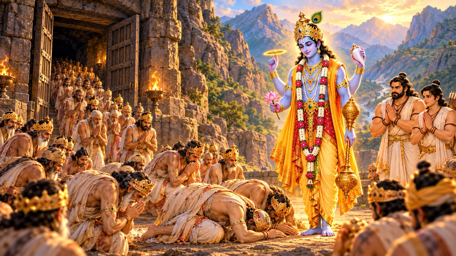 The emaciated kings freed from Jarasandha's mountain prison beholding four-armed Krishna and bowing at His feet