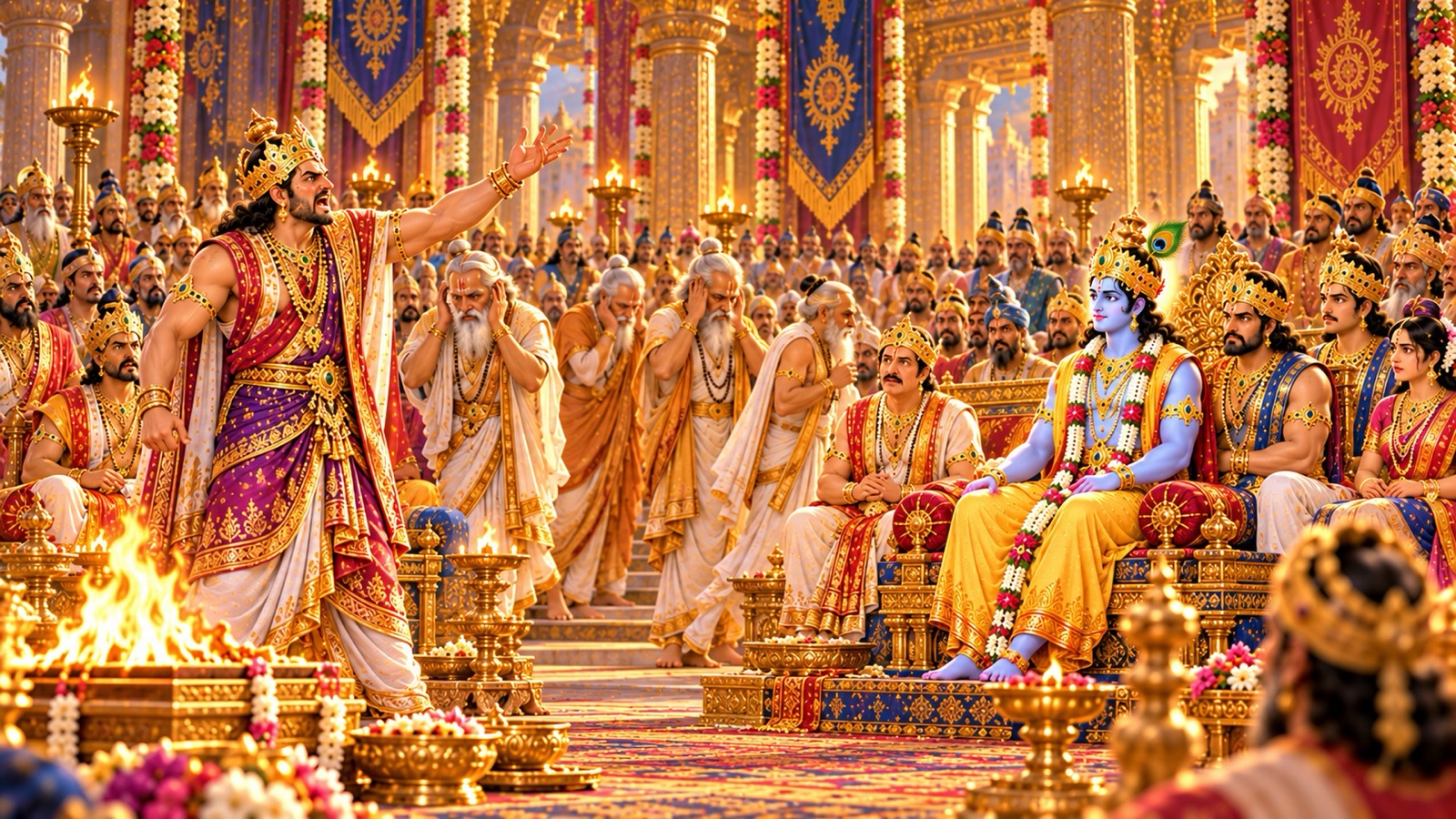 सभा में भुजा उठाए चिल्लाता शिशुपाल, जबकि श्रीकृष्ण शान्त बैठे हैं और कुछ ऋषि कान ढँककर बाहर जा रहे हैं
