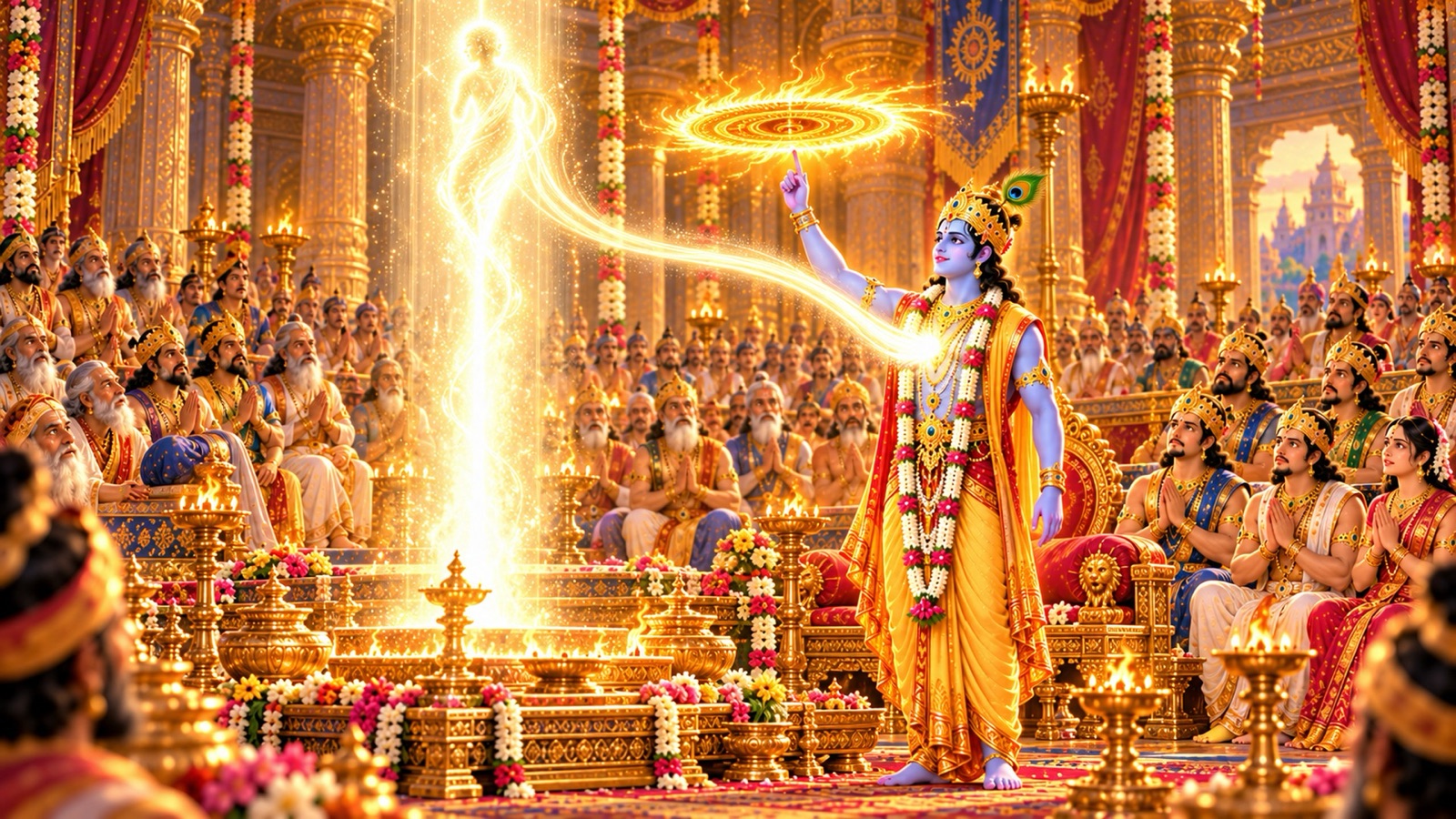 शिशुपाल के स्थान से उठकर श्रीकृष्ण में समाती तेजोमय ज्योति, जबकि प्रज्वलित सुदर्शन चक्र सभा के ऊपर मँडराता है