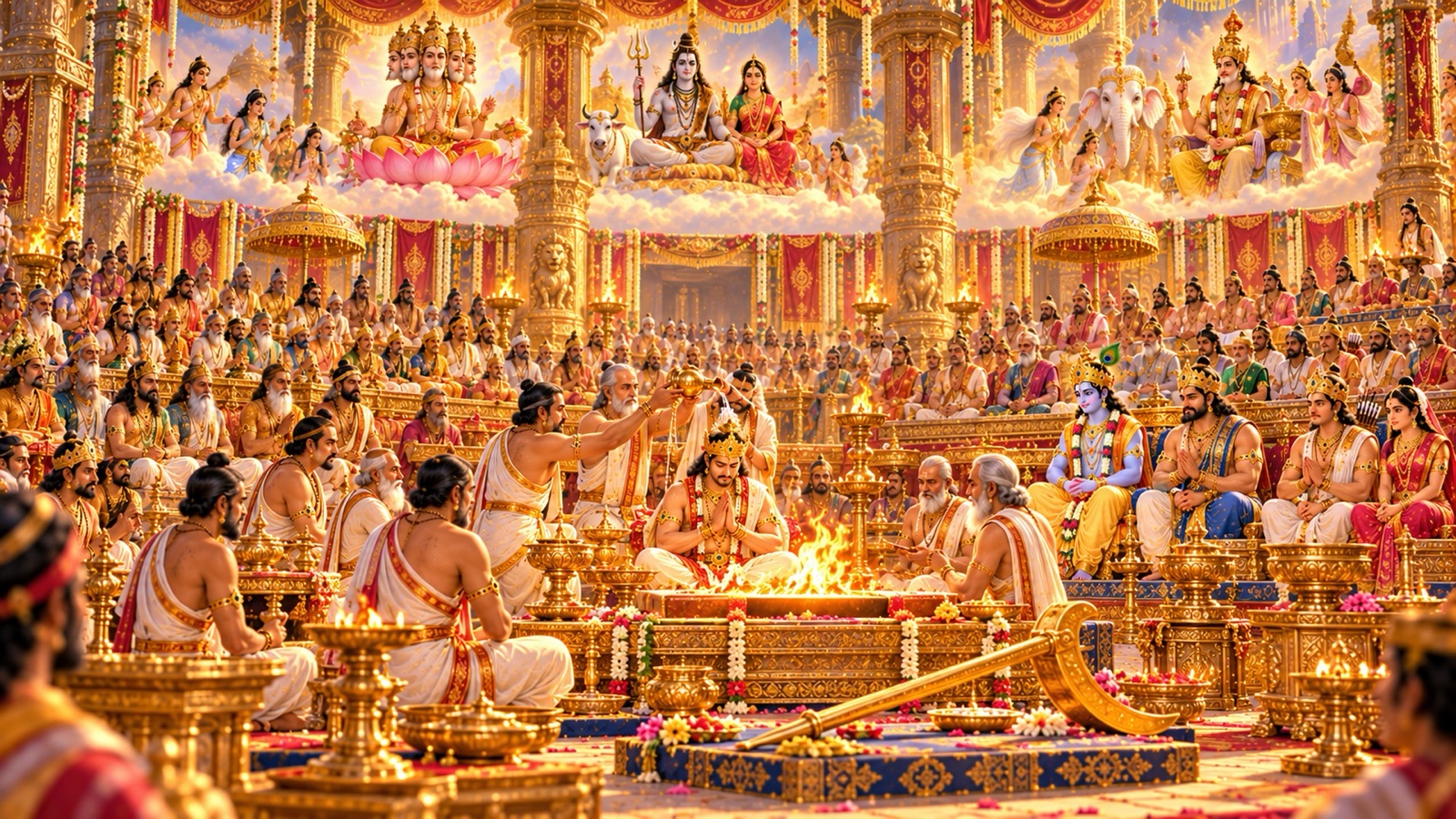The Rajasuya sacrificial enclosure at Indraprastha with golden vessels, priests at the altar, and sages, kings and celestials seated around Yudhishthira