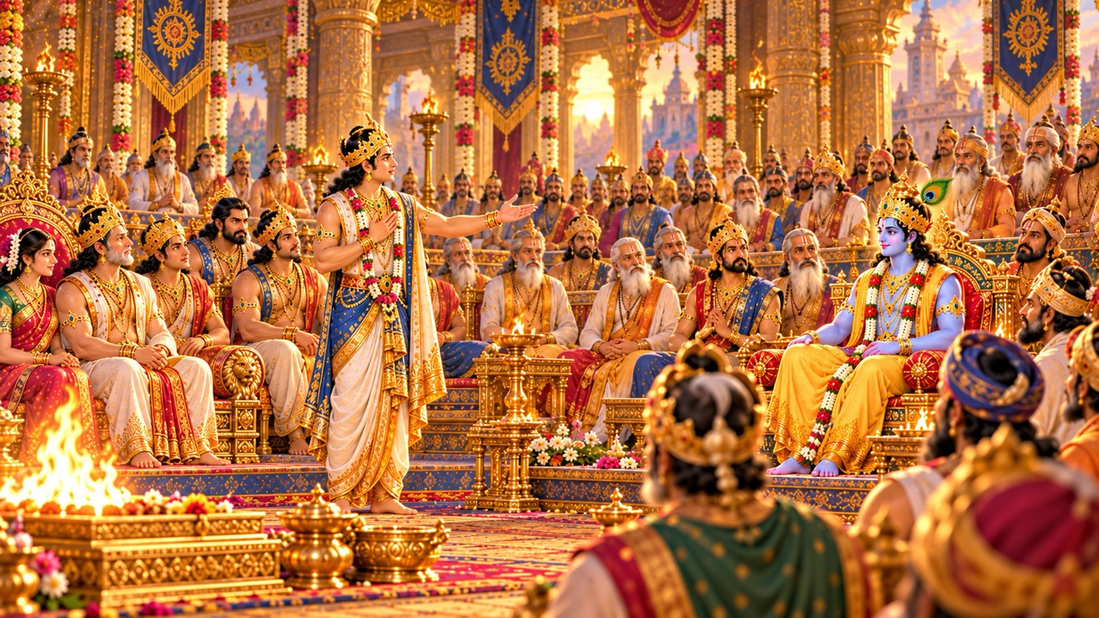 Sahadeva standing before the assembly with folded hands, gesturing toward Krishna seated among the kings