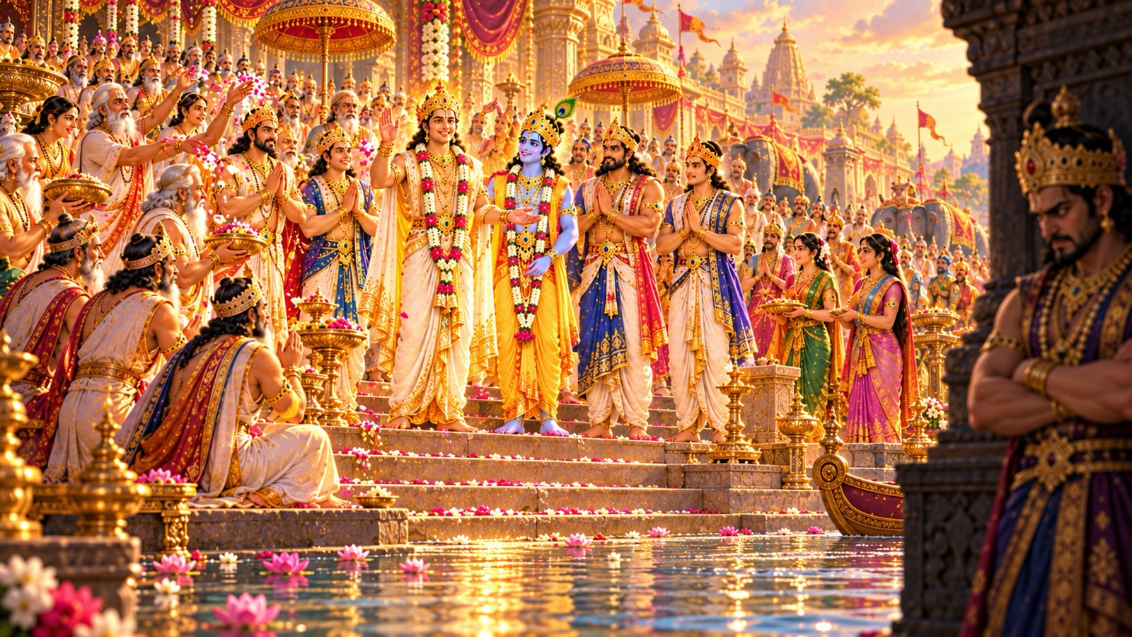 Yudhishthira shining like Indra after the avabhritha bath amid brahmanas and kshatriyas, with Duryodhana brooding apart