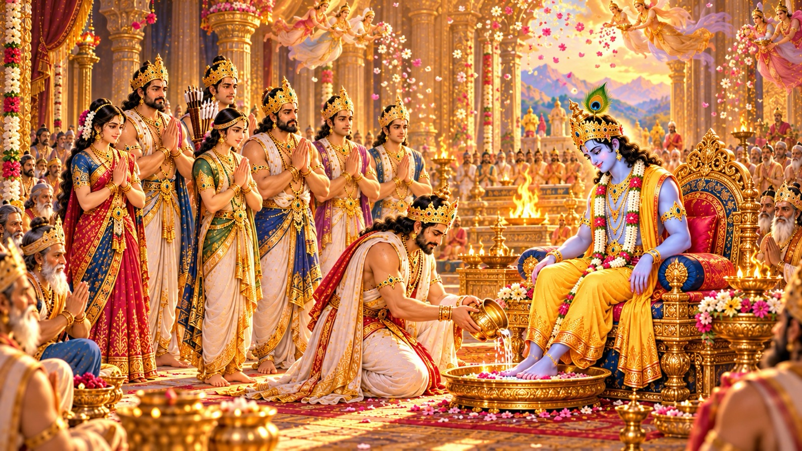 Yudhishthira washing Krishna's feet and offering Him the first worship in the Rajasuya sacrificial hall as flowers fall from the sky