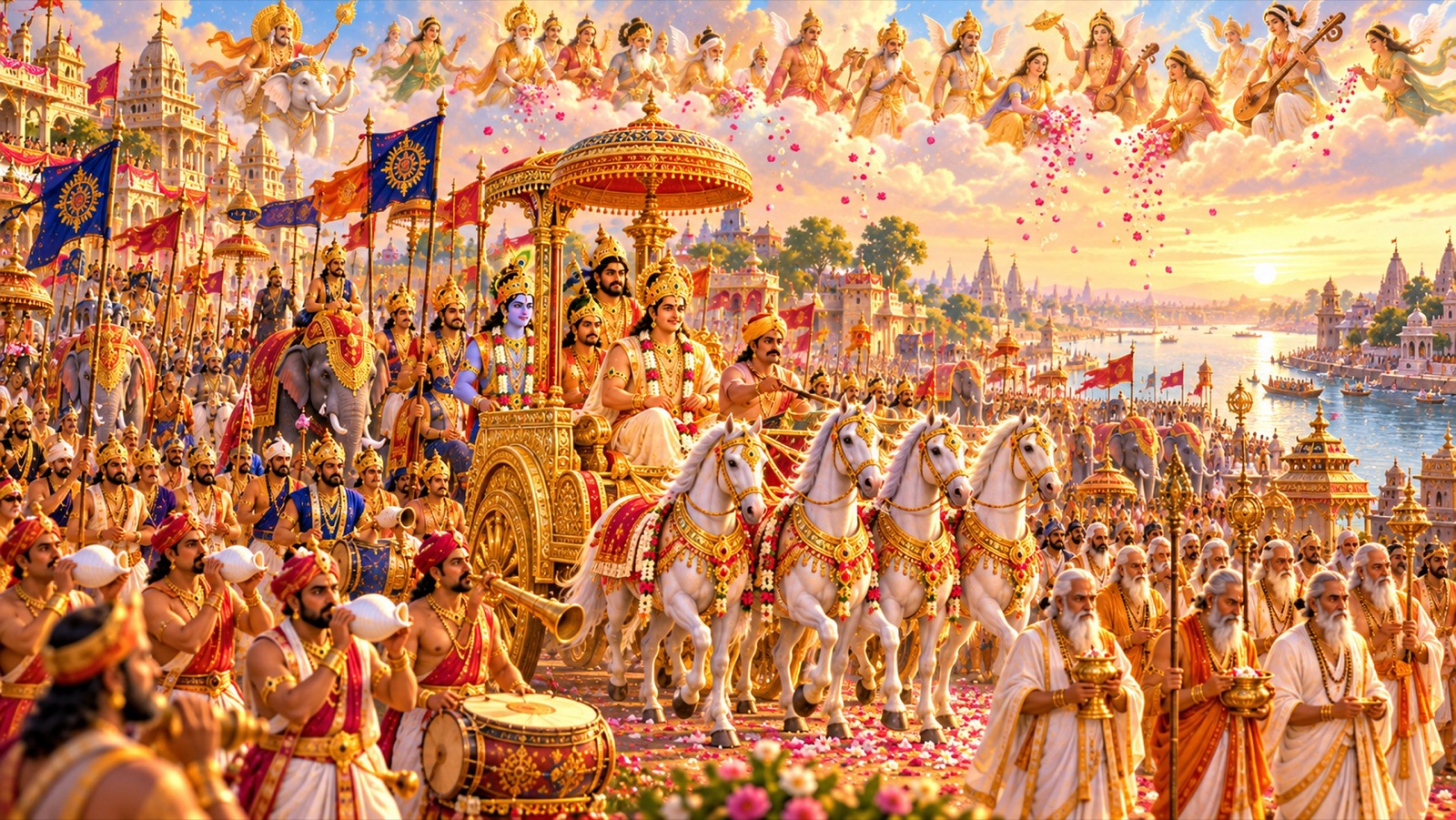 अवभृथ-स्नान के लिए गंगा की ओर युधिष्ठिर की शोभायात्रा — राजा, हाथी, रथ और वादक, और आकाश से पुष्प बरसाते देवता