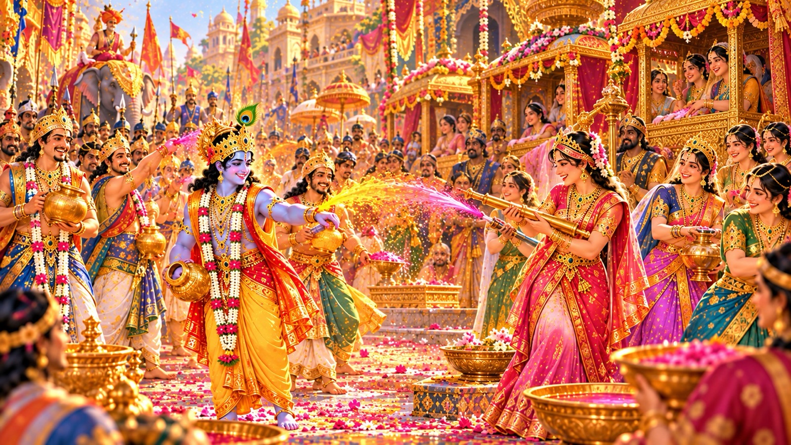 राजसूय-उत्सव में कृष्ण और उनके साथियों के साथ रंगीन जल की मर्यादित क्रीड़ा करती इन्द्रप्रस्थ की राजस्त्रियाँ