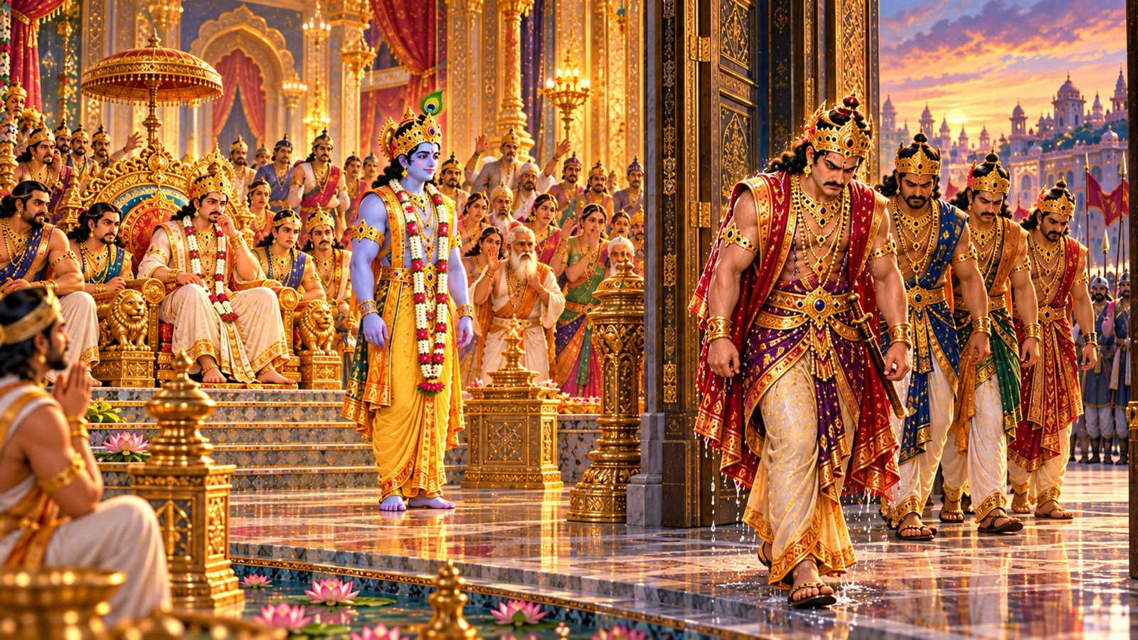 लज्जा और क्रोध में नीचा मुख किए मय की सभा से निकलता दुर्योधन, मौन कृष्ण और हाहाकार करती सभा