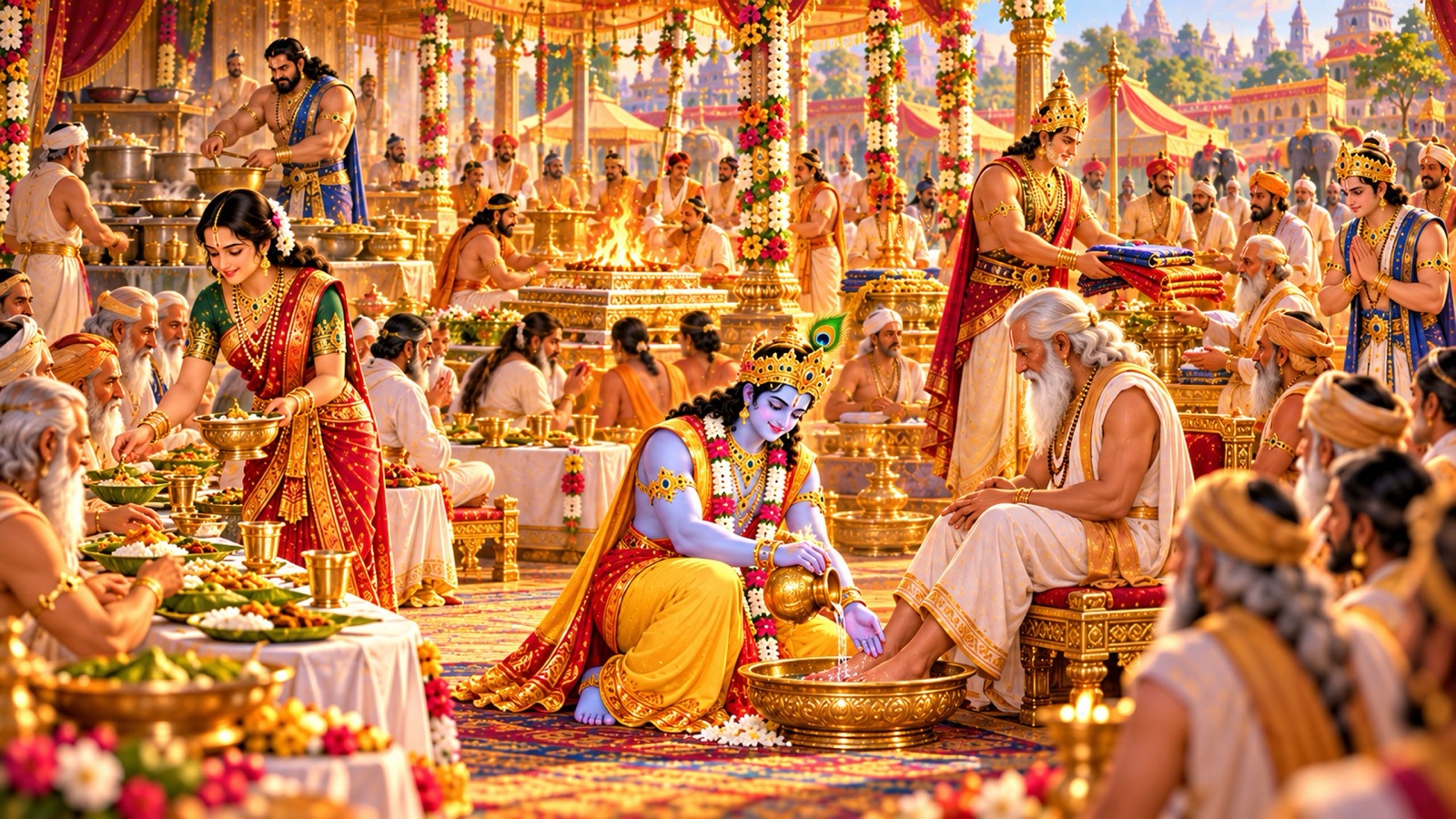 Krishna washing the feet of a guest at the Rajasuya while Draupadi serves food, Karna gives gifts and Bhima oversees the kitchen