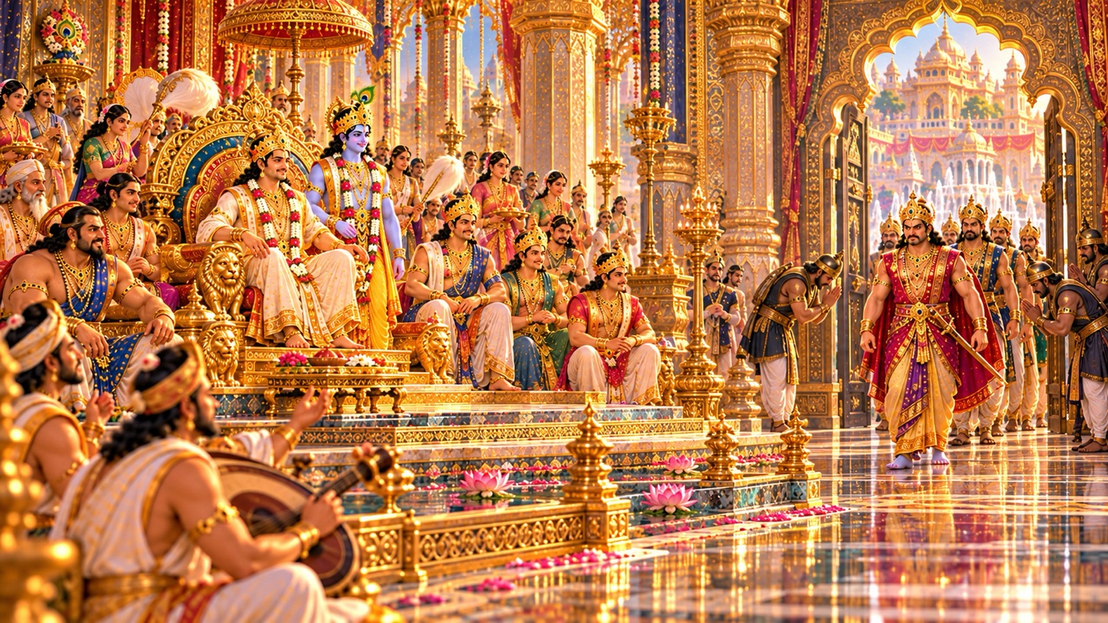 Emperor Yudhishthira on a golden throne in Maya's assembly hall beside Krishna, praised by bards, as Duryodhana enters with his brothers