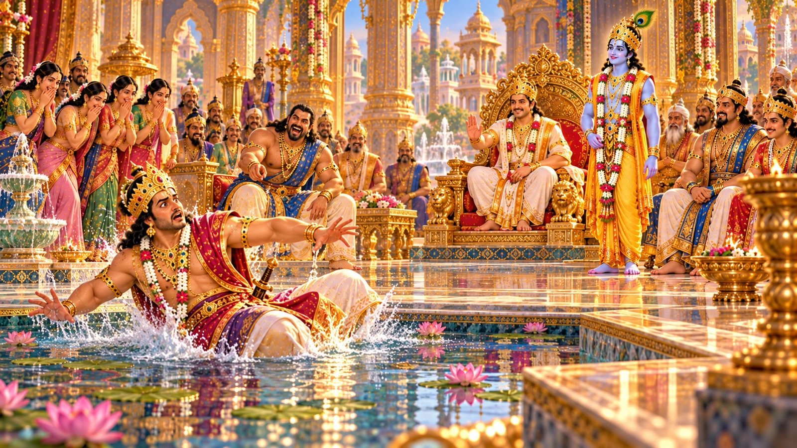 Duryodhana stumbling into a pool in Maya's illusory hall while Bhima and the royal ladies laugh and Krishna looks on in silence beside the enthroned Yudhishthira
