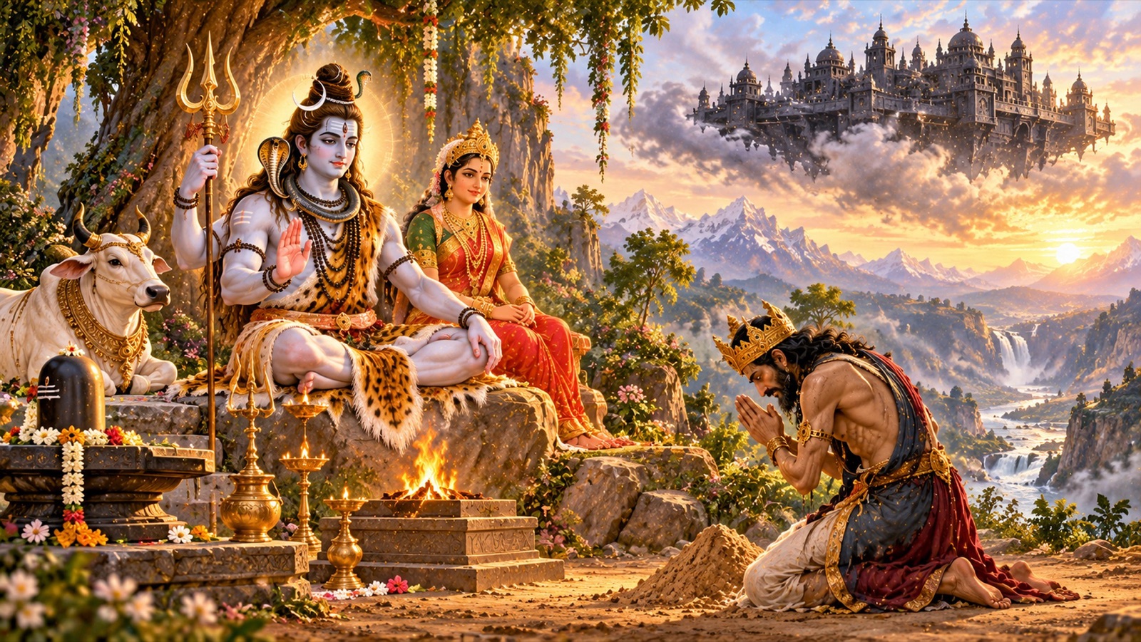 वर्ष भर की तपस्या से कृश शाल्व भगवान् शिव और पार्वती के सामने नतमस्तक, आकाश में लोहे का नगर सौभ आकार लेता हुआ