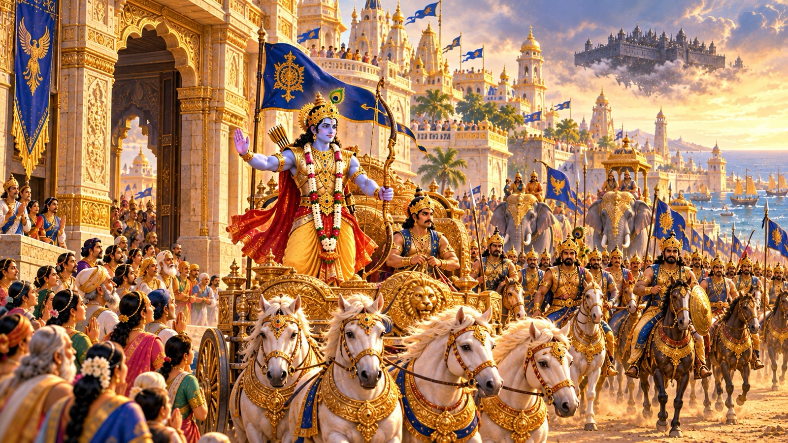 Pradyumna standing on his chariot before the walls of Dvaraka, raising his hand to reassure the frightened citizens while Yadu warriors gather behind him