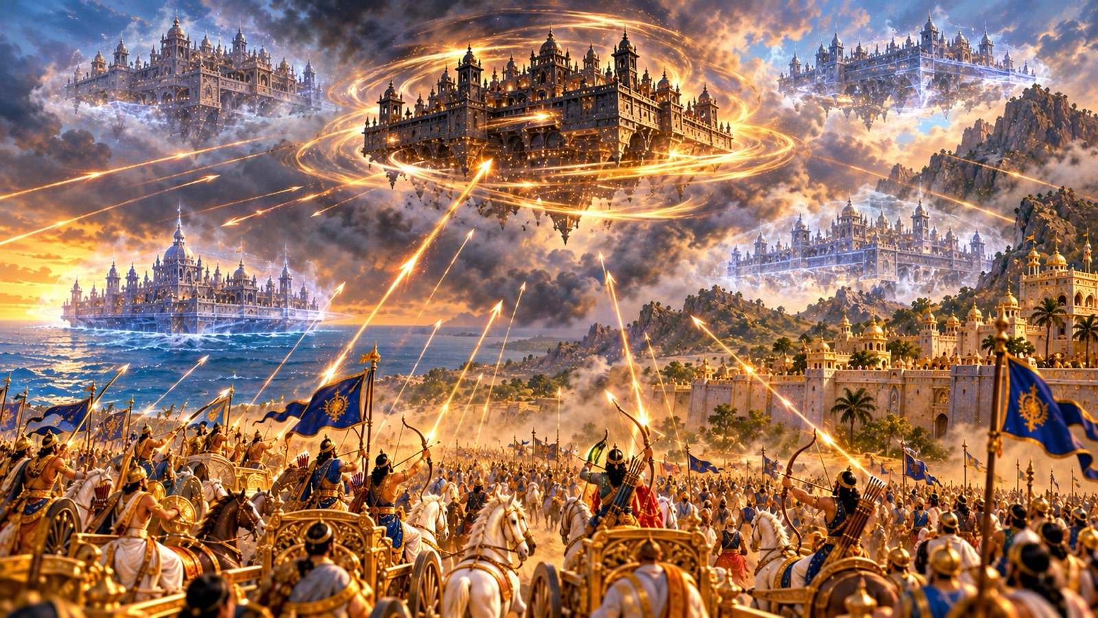 The aerial city Saubha appearing in several places at once over land, mountain and sea while Yadava archers aim their arrows at each apparition