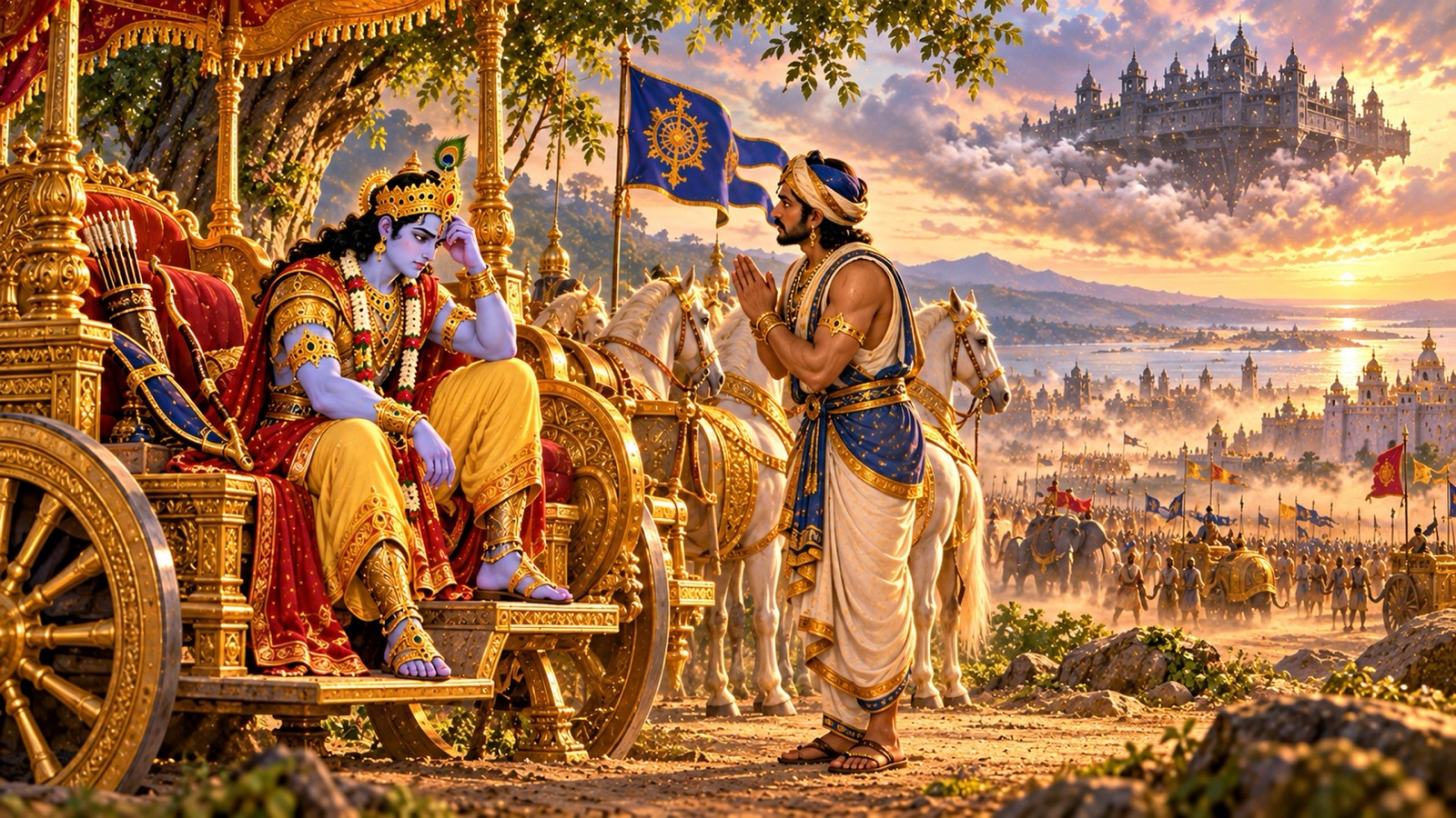 The son of Daruka driving his chariot away from the battlefield with the unconscious Pradyumna, then kneeling to explain his duty to the recovered prince