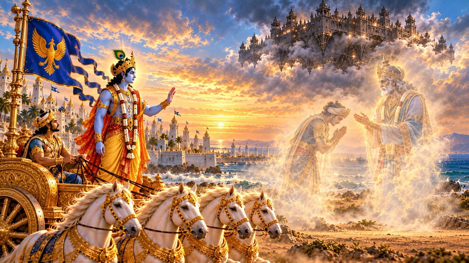 रथ पर शान्त श्रीकृष्ण, जबकि मायामय दूत और वसुदेव की आकृति सौभ के नीचे धुँधली कुहासे में विलीन होती है