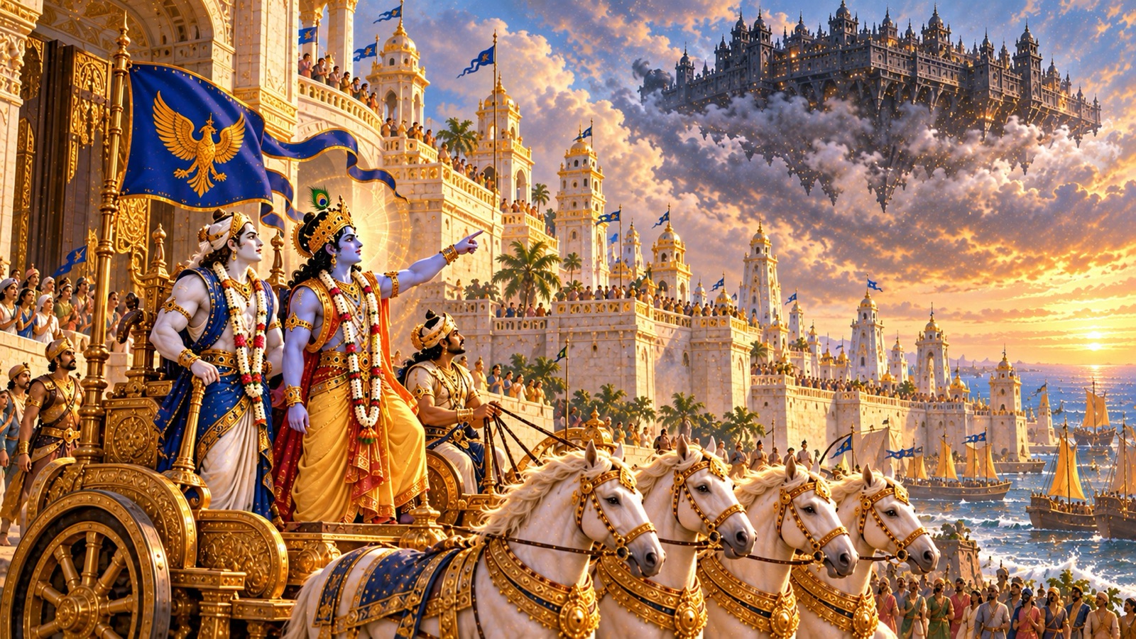 Krishna arriving by chariot at the shore of Dvaraka with Balarama beside Him, the aerial city Saubha hanging over the besieged city